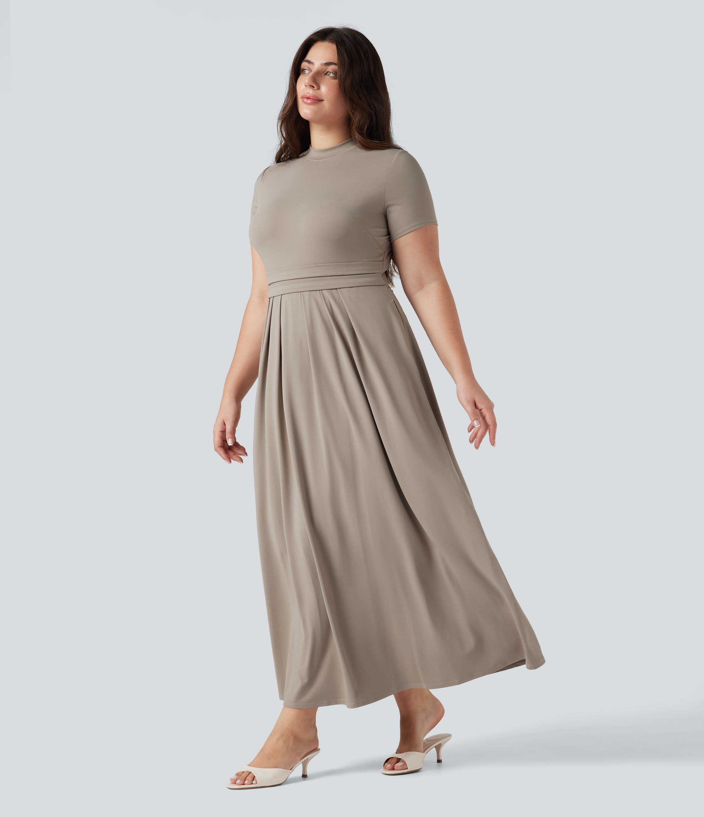 Plus Size Stand Collar Short Sleeve Flare Maxi Casual Dress with Pockets