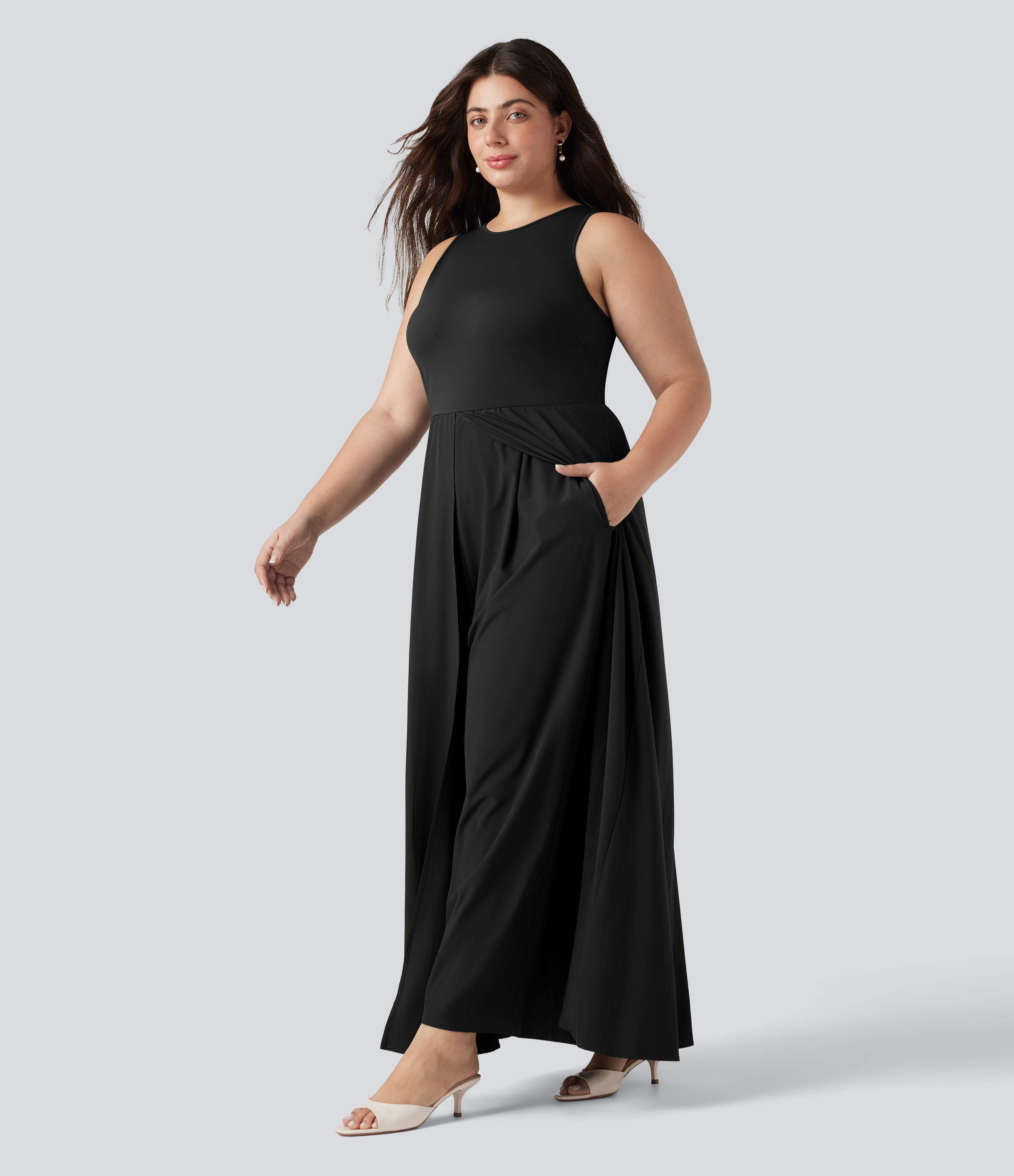 Plus Size Breezeful™ Sleeveless Quick Dry Overlay Jumpsuit with Pockets