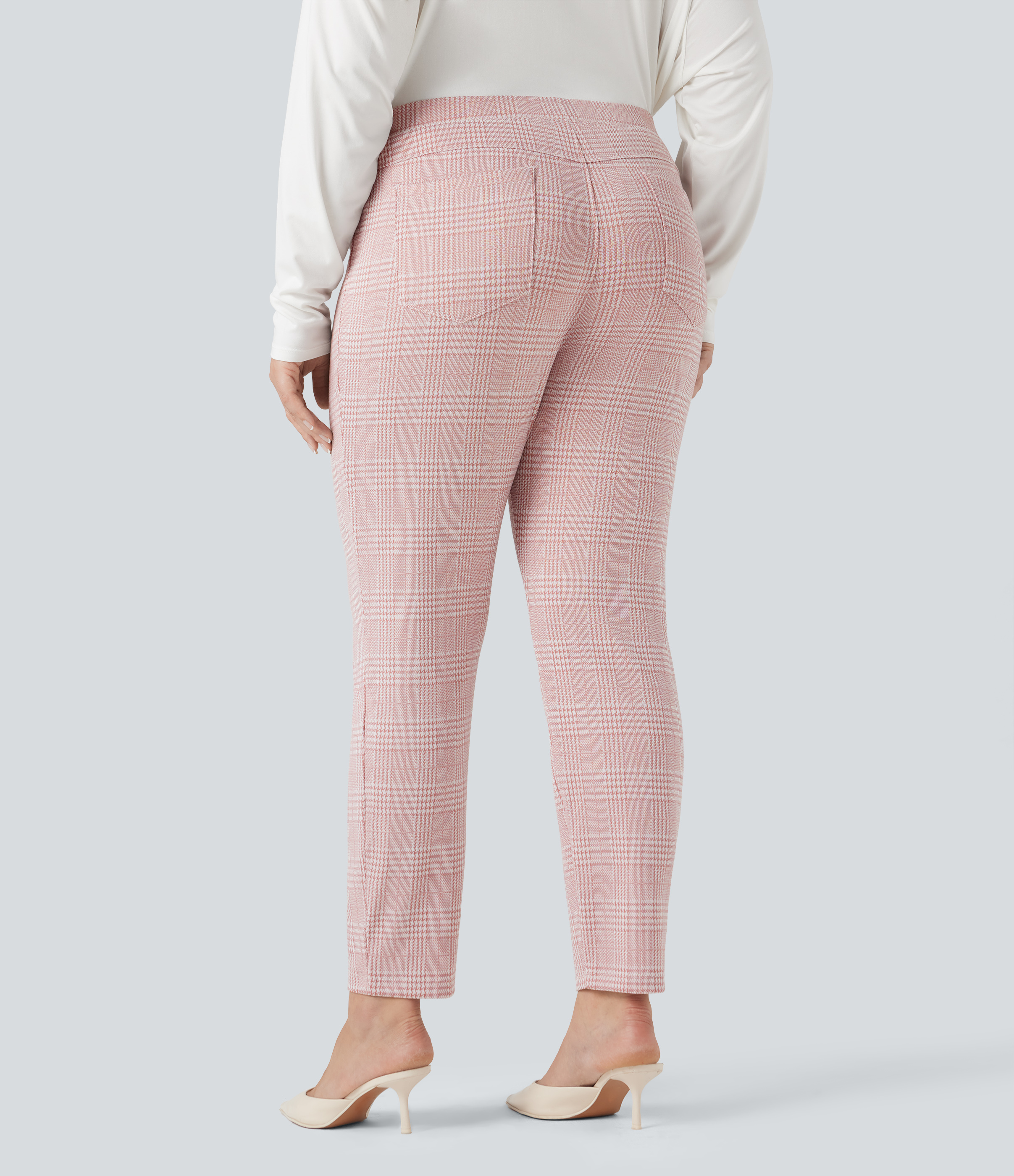 Bean Paste Houndstooth Plaid Plus Size Halara Flex™ High Waisted Houndstooth Plaid Skinny Work Trousers with Pockets / 2
