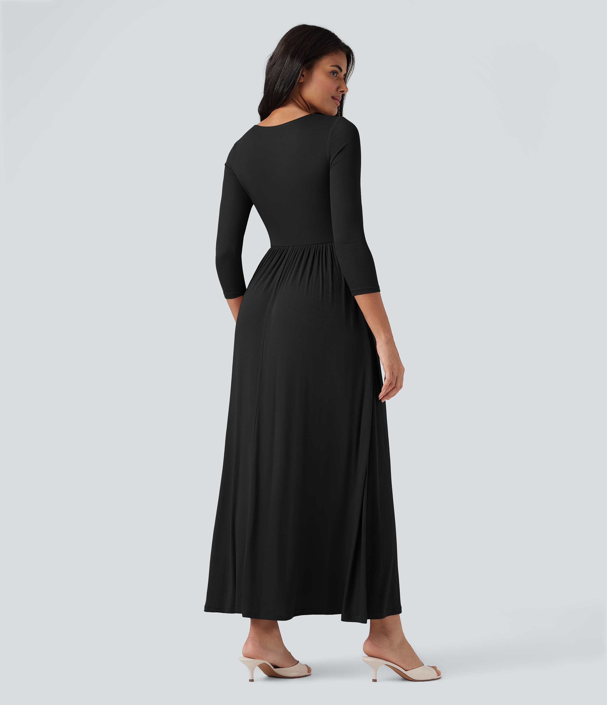 Negro Vestido maxi casual fluido con cuello redondo acanalado y mangas 3/4 con bolsillos / 2