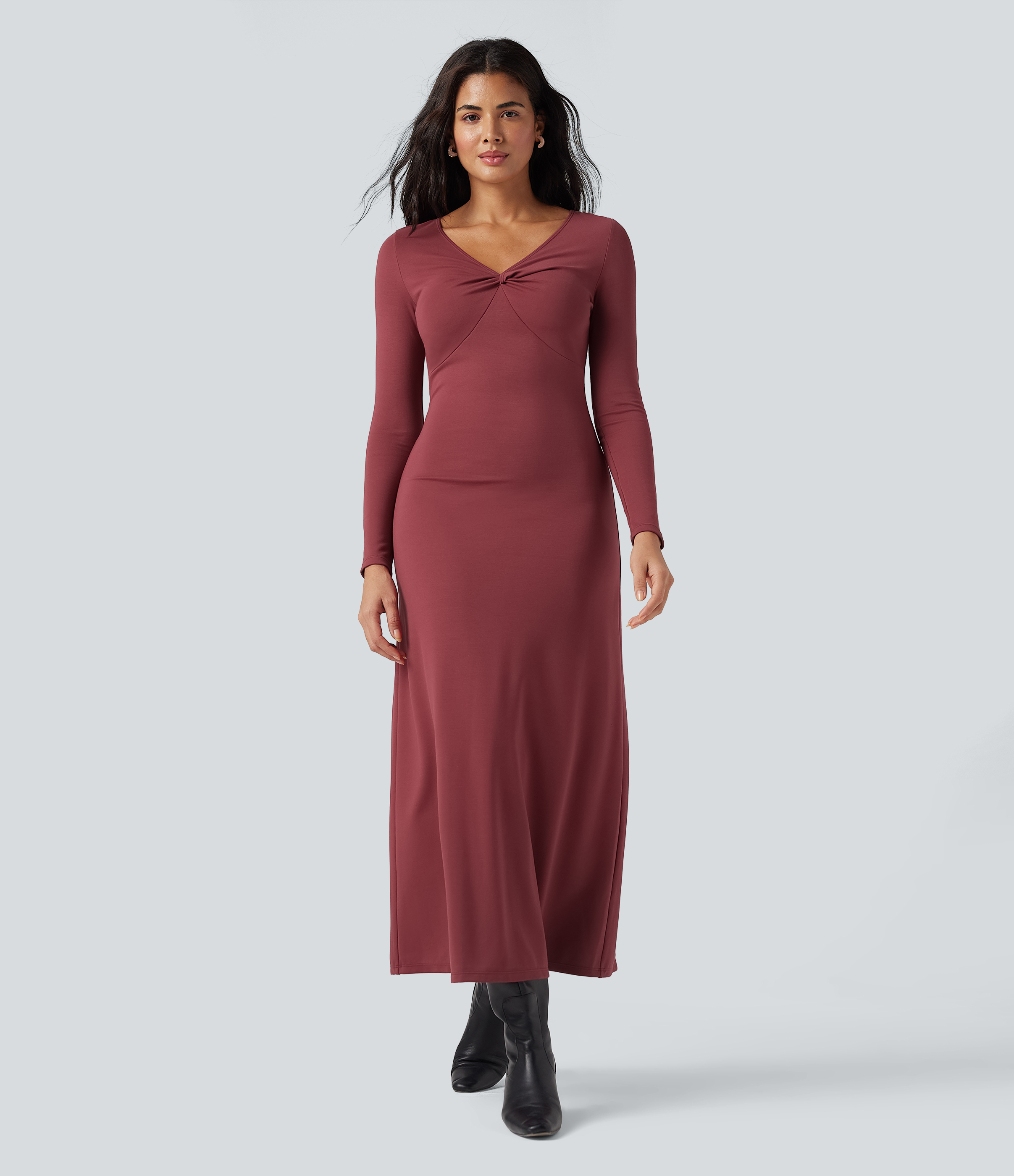 Maxikleid mit V-Ausschnitt und langen Ärmeln