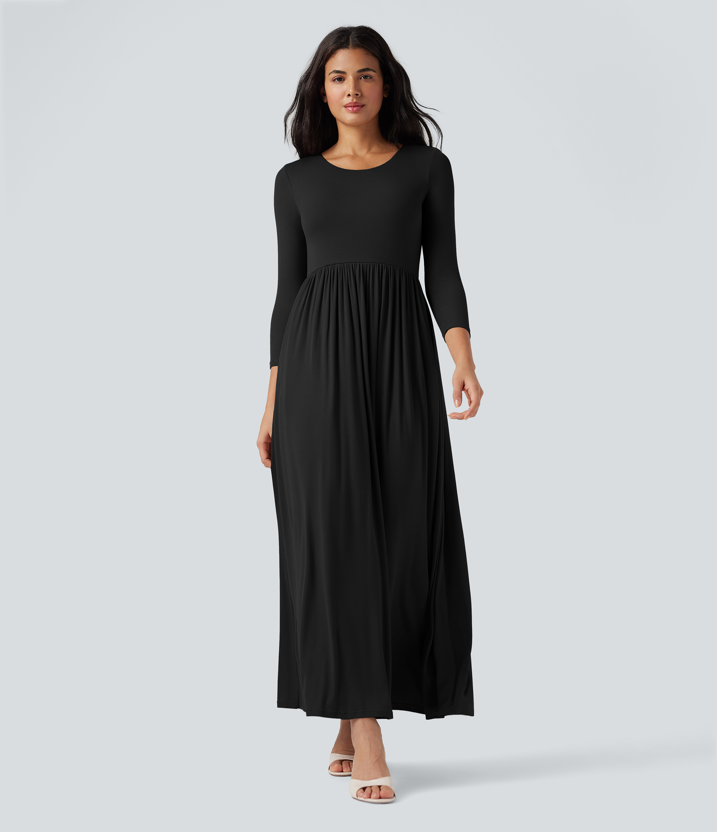 Robe longue fluide décontractée maille côtelée col rond manches 3/4 avec poches