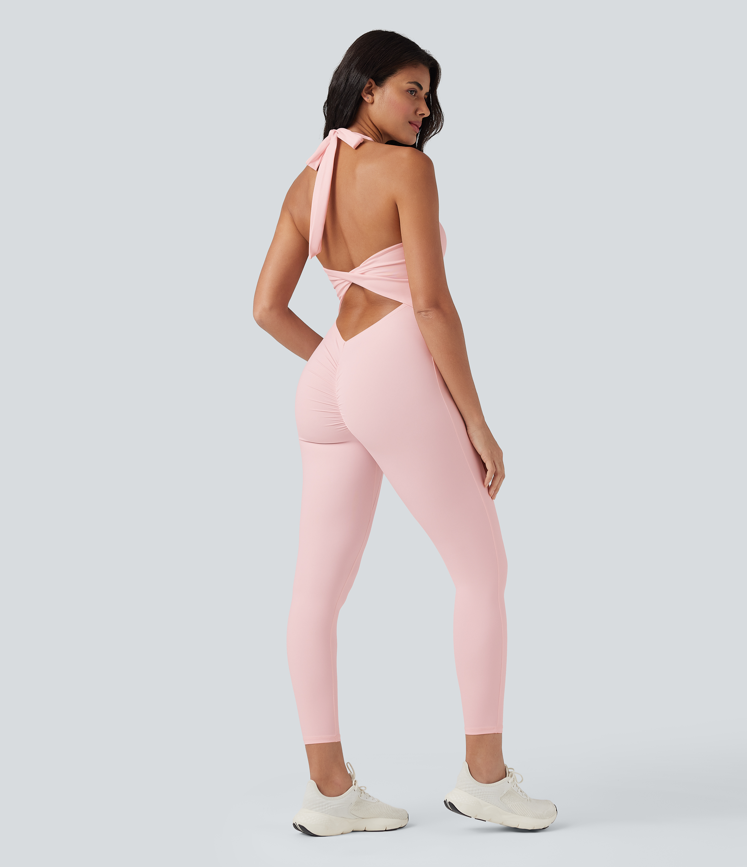 SoftlyZero™ Airy Halter Tie Back Cut-out Scrunch Yoga Skinny Jumpsuit