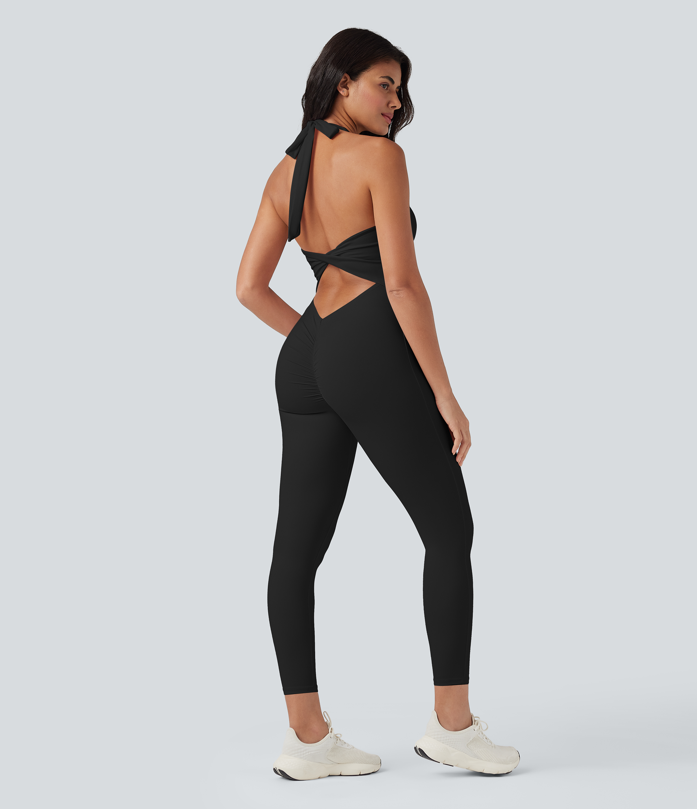 SoftlyZero™ Airy Halter Tie Back Cut-out Scrunch Yoga Skinny Jumpsuit
