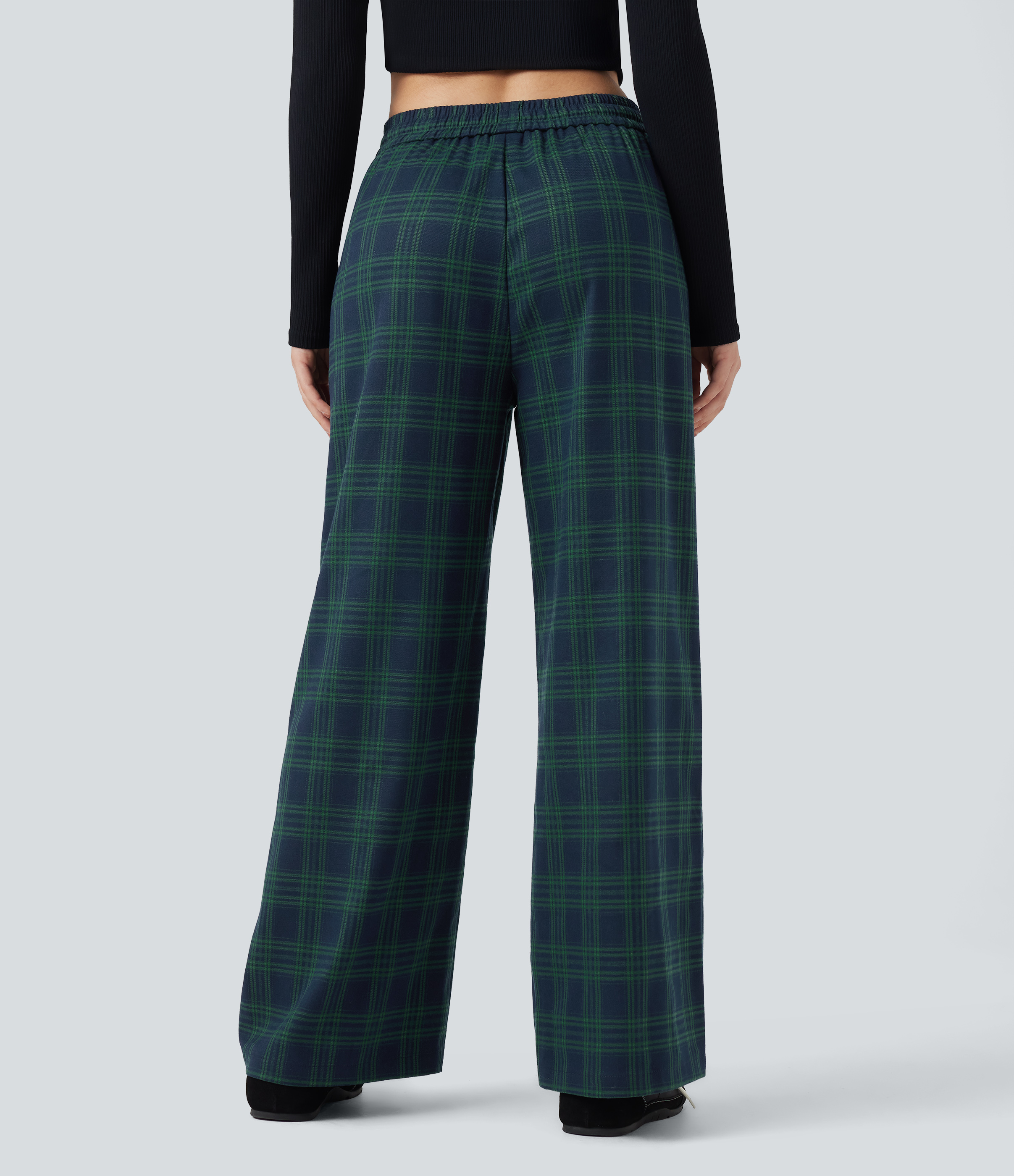 Highland Pine Plaid Pantalones holgados casuales de cintura alta con estampado a cuadros y bolsillos / 2