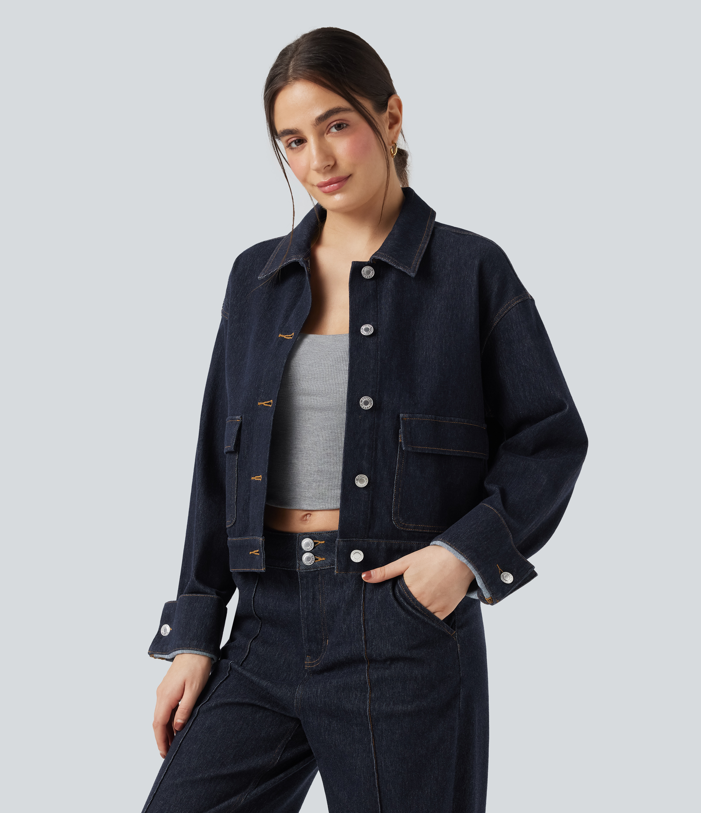 Deep Cobalt Denim Halara Flex™ Collar Long Sleeve Denim Casual Jacket / 2