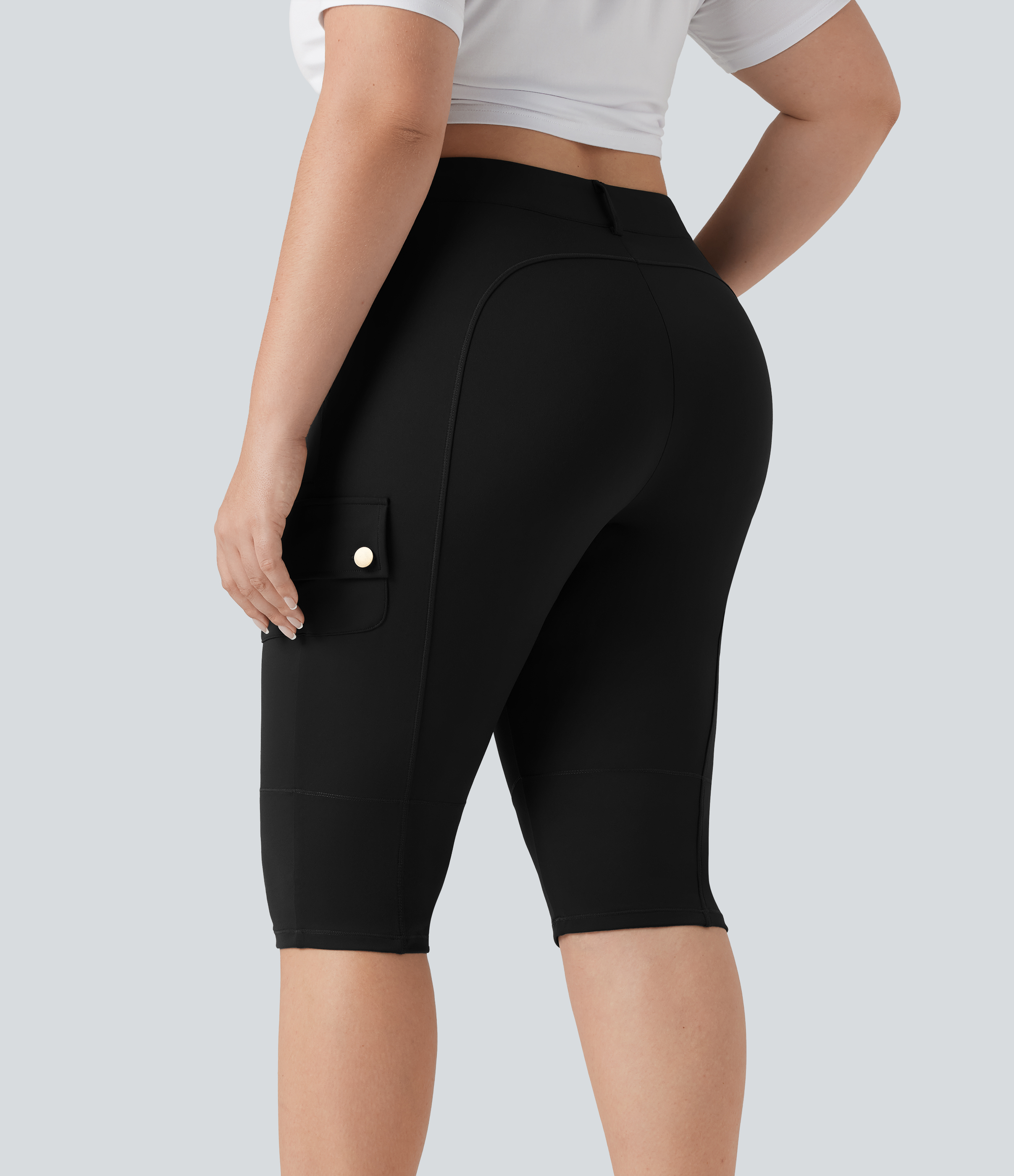 Black Pantalones cargo casuales ajustados de tiro alto con bolsillos en talla grande / 2
