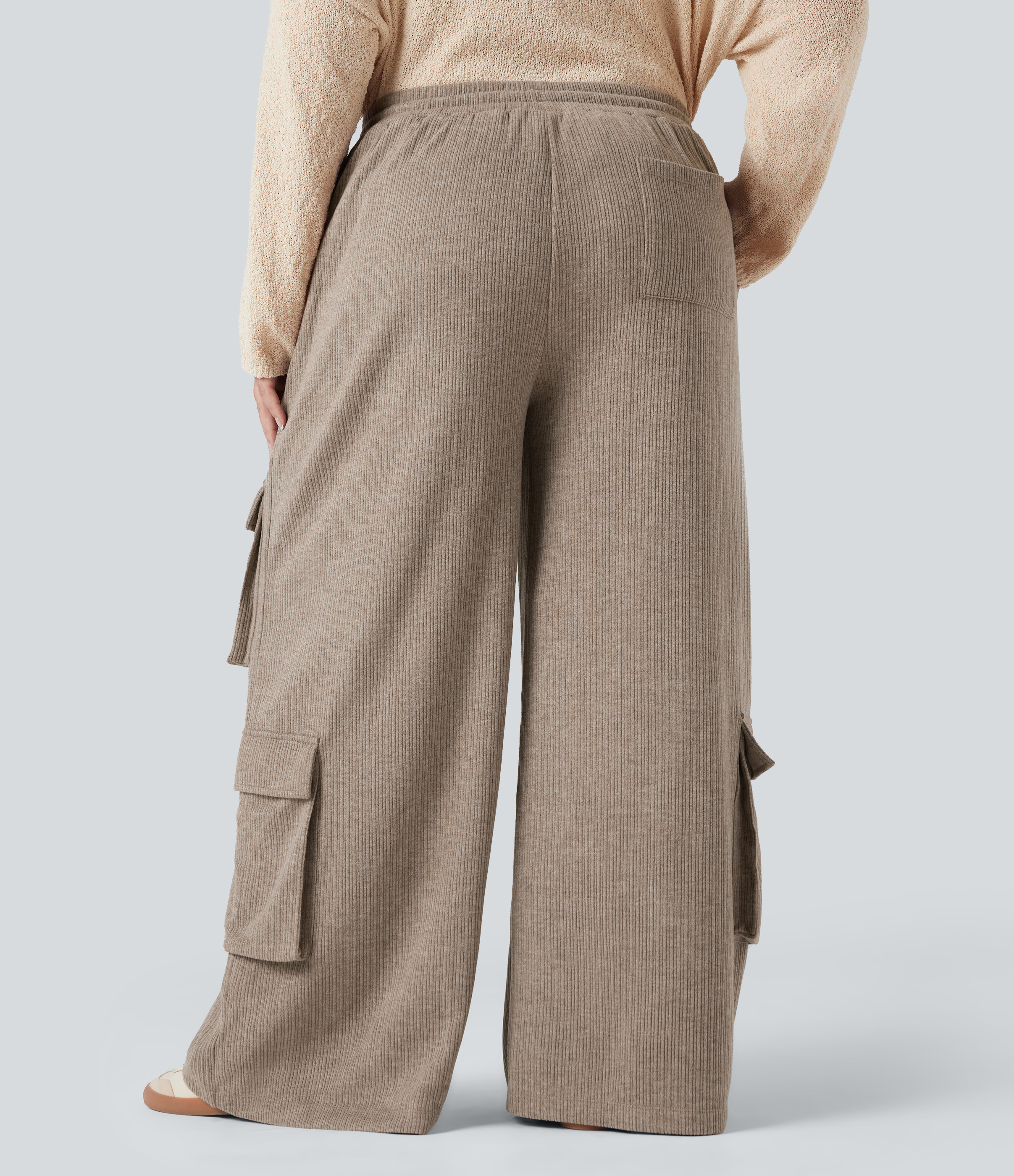Mocha Meringue Pantalones cargo casuales anchos acanalados de tiro medio con bolsillos y cordón en tallas grandes / 2