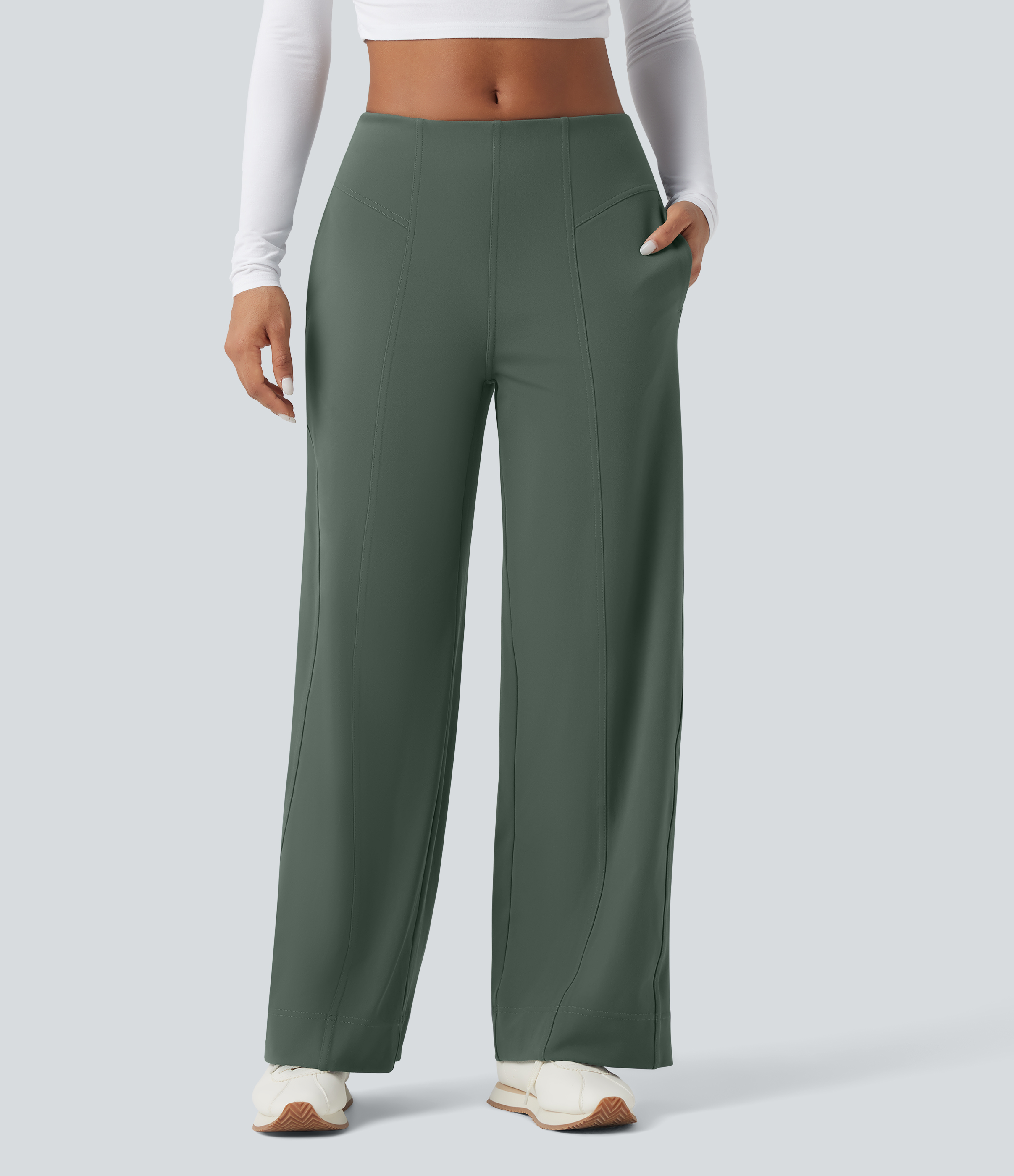 Pantalones anchos casuales de tiro medio con bolsillos