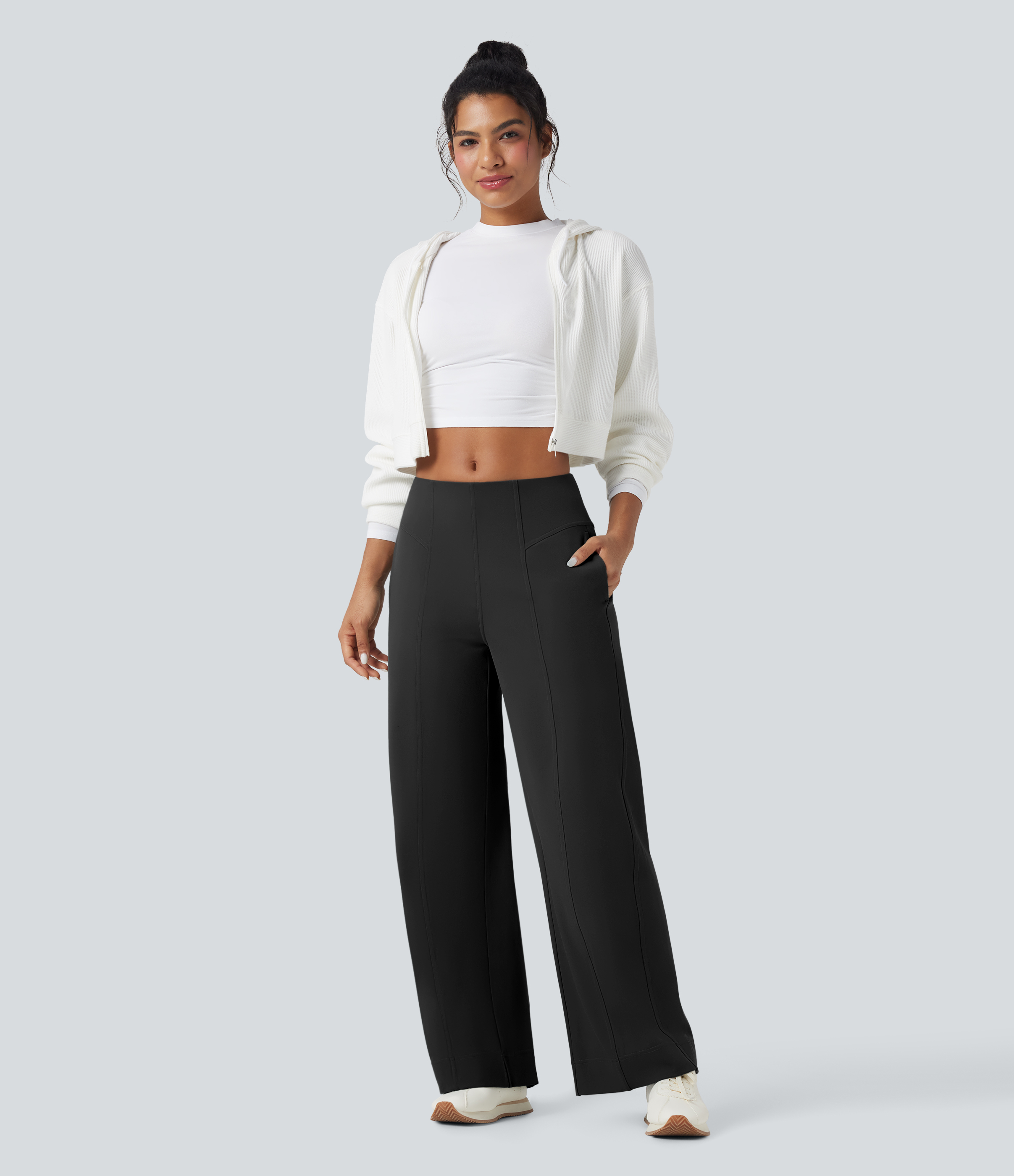 Pantalon décontracté taille mi-haute à jambes larges avec poches