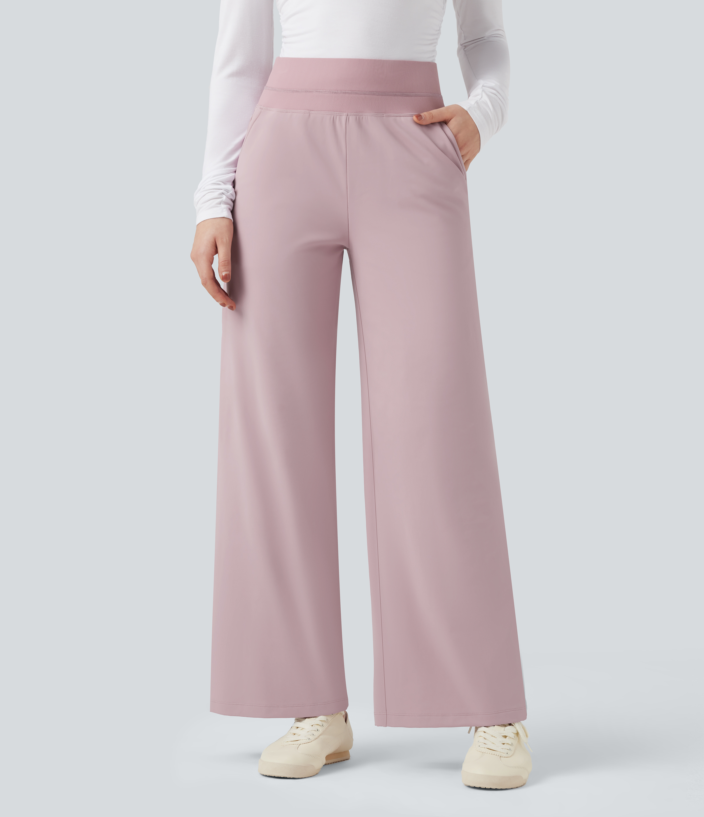 Dusty Purple Hochgeschnittene Fleece-Freizeithose mit geradem Bein und Taschen / 2