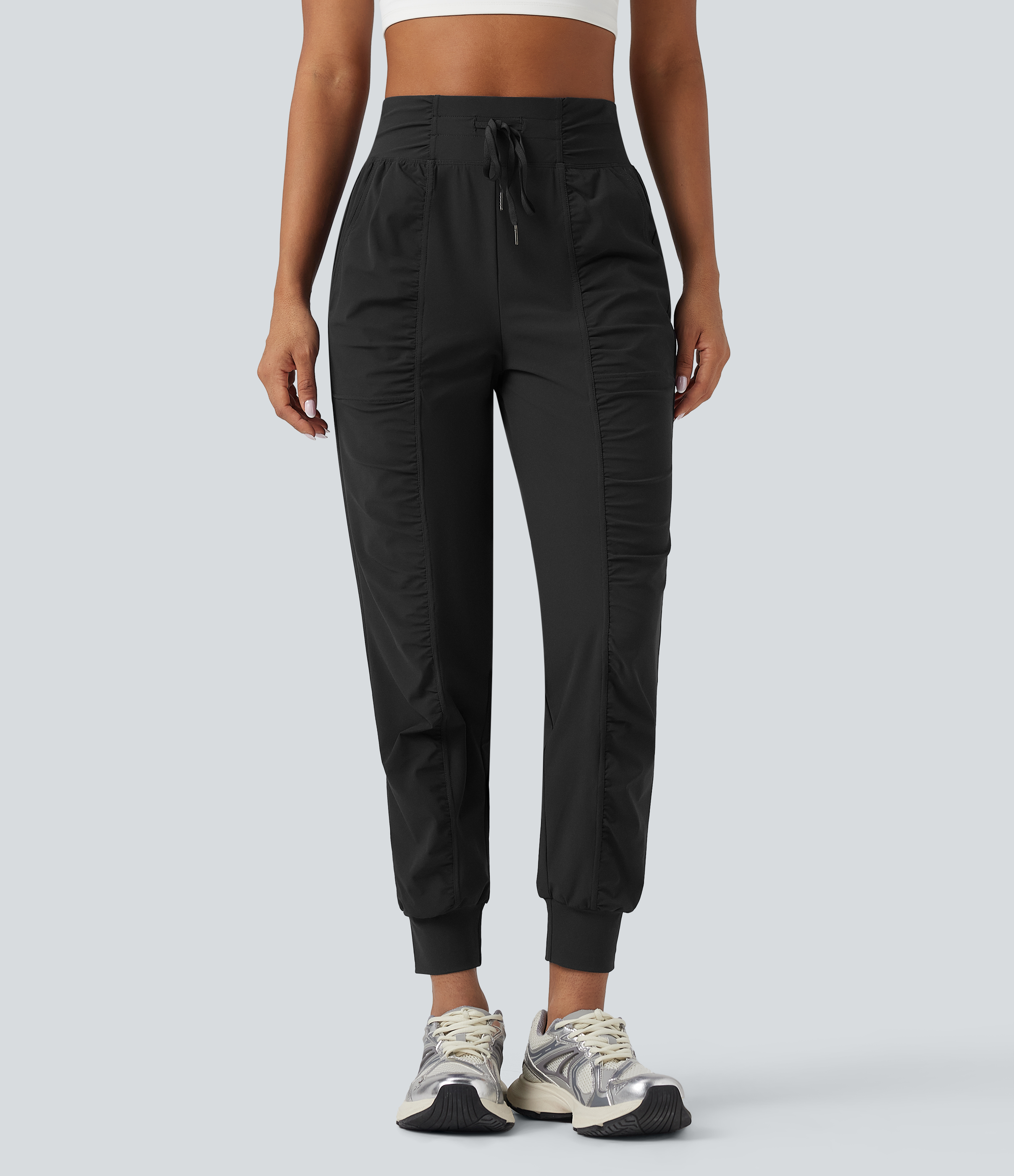 High Waisted Drawstring Ruched Tapered Quick Dry Cool Touch Dance Joggers with Pockets-UPF40+