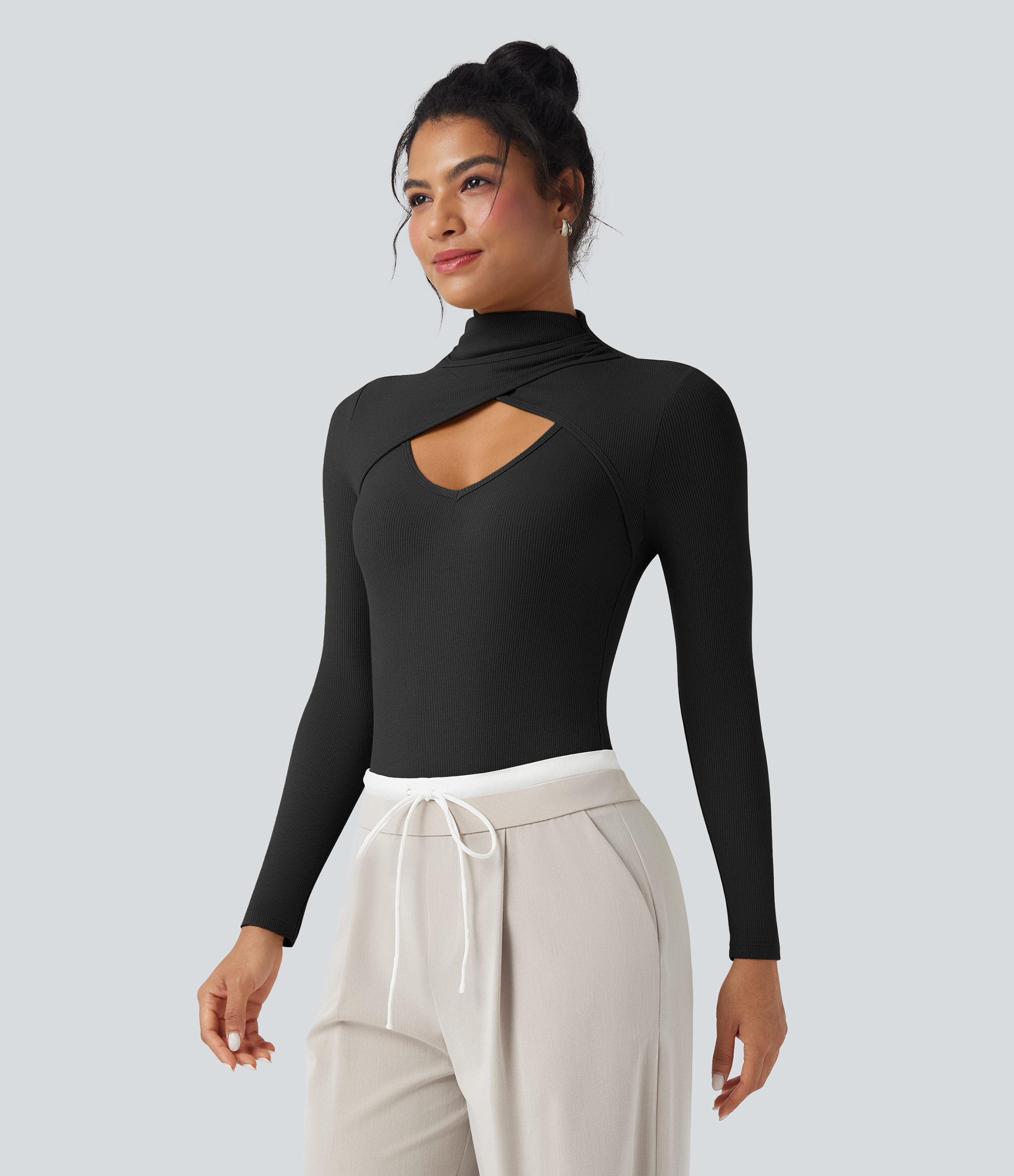 Women's Ribbed Knit High-neck Cut-out Long Sleeve Skinny Work
