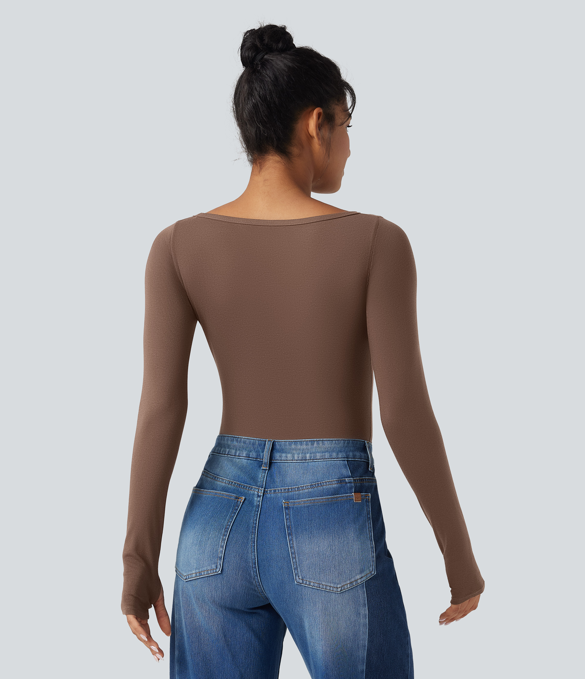 Cocoa Brown Top casual de lana con cuello barco de manga larga y abertura para el pulgar / 2