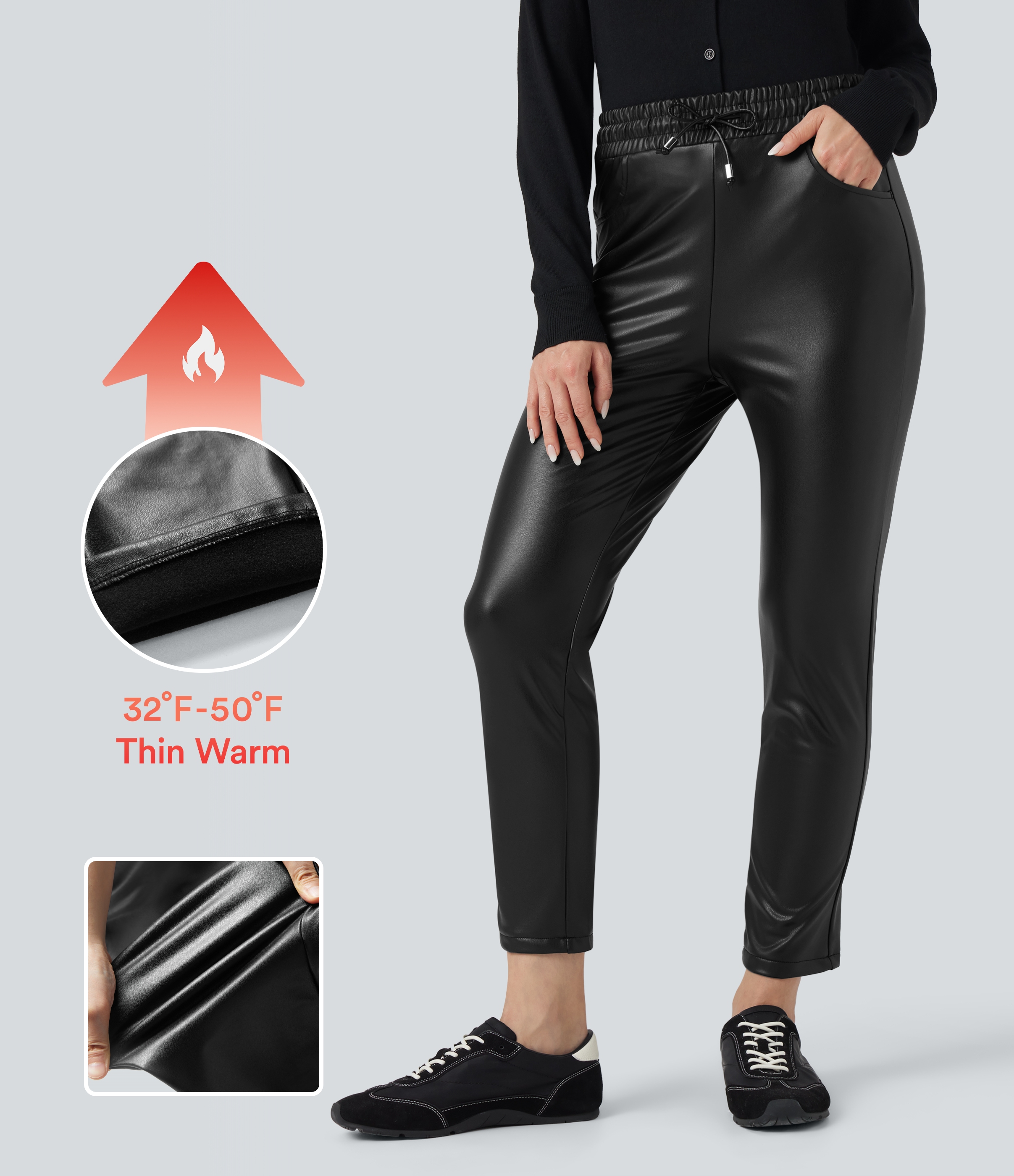 Negro Pantalones casuales elásticos de tiro alto con polar PU, cordón y bolsillos en largo7/8 / 1