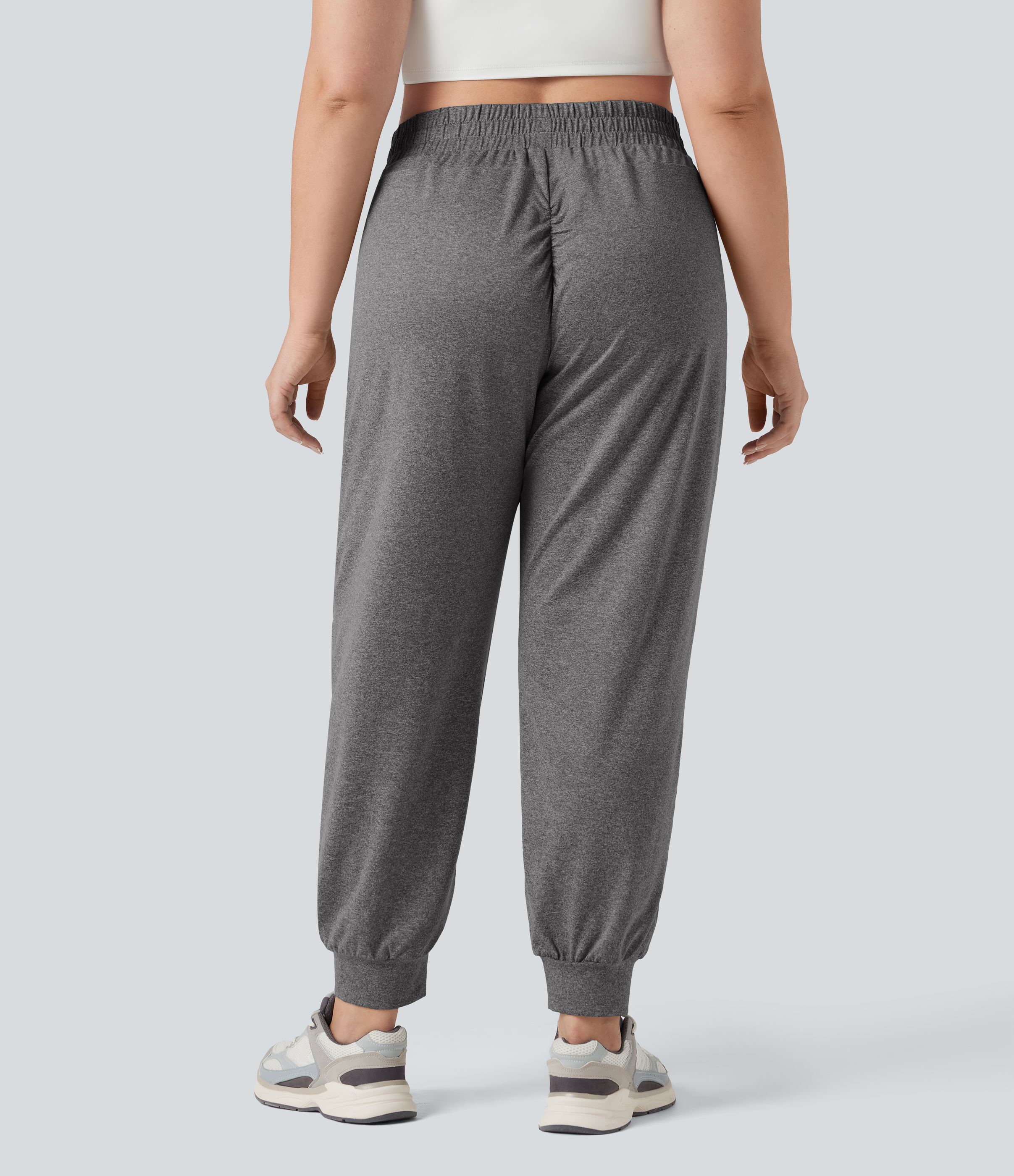 Mottled Light Grey High Waisted Drawstring Ruched Yoga Plus Size Joggers with Pockets / 2