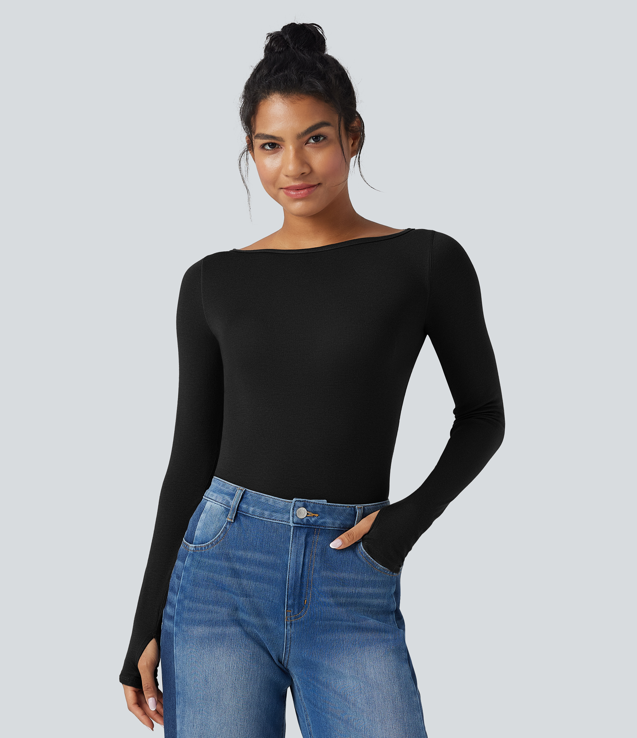 Negro Top casual de lana con cuello barco de manga larga y abertura para el pulgar / 1