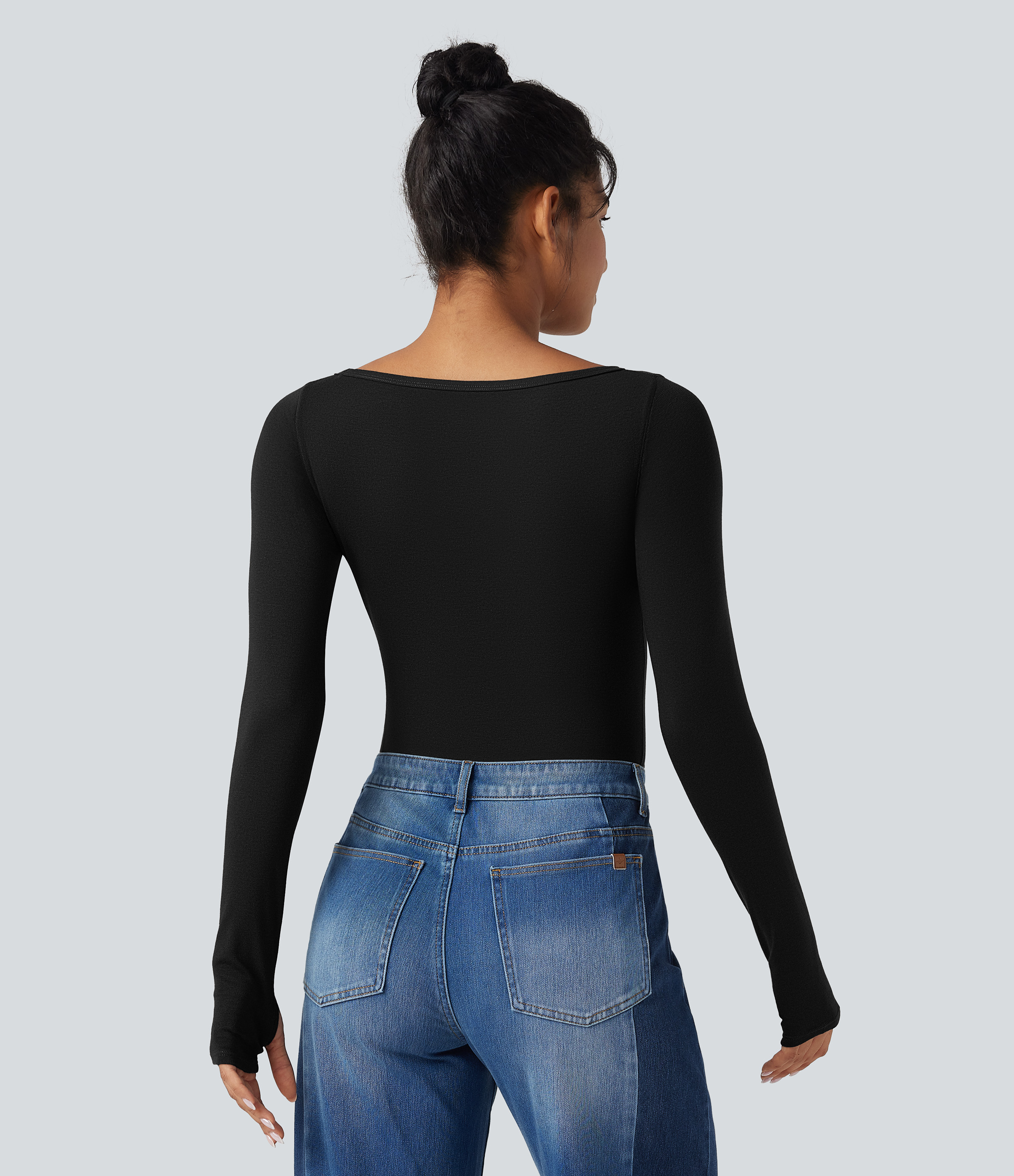 Negro Top casual de lana con cuello barco de manga larga y abertura para el pulgar / 2
