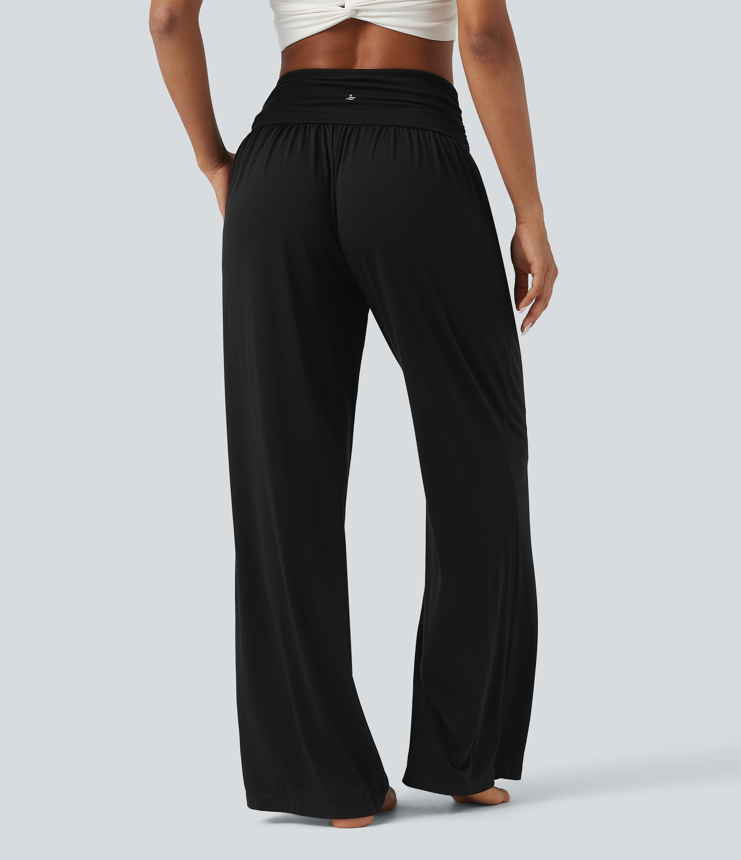Black Pantalon de yoga large froncé chiné taille haute avec poches / 2
