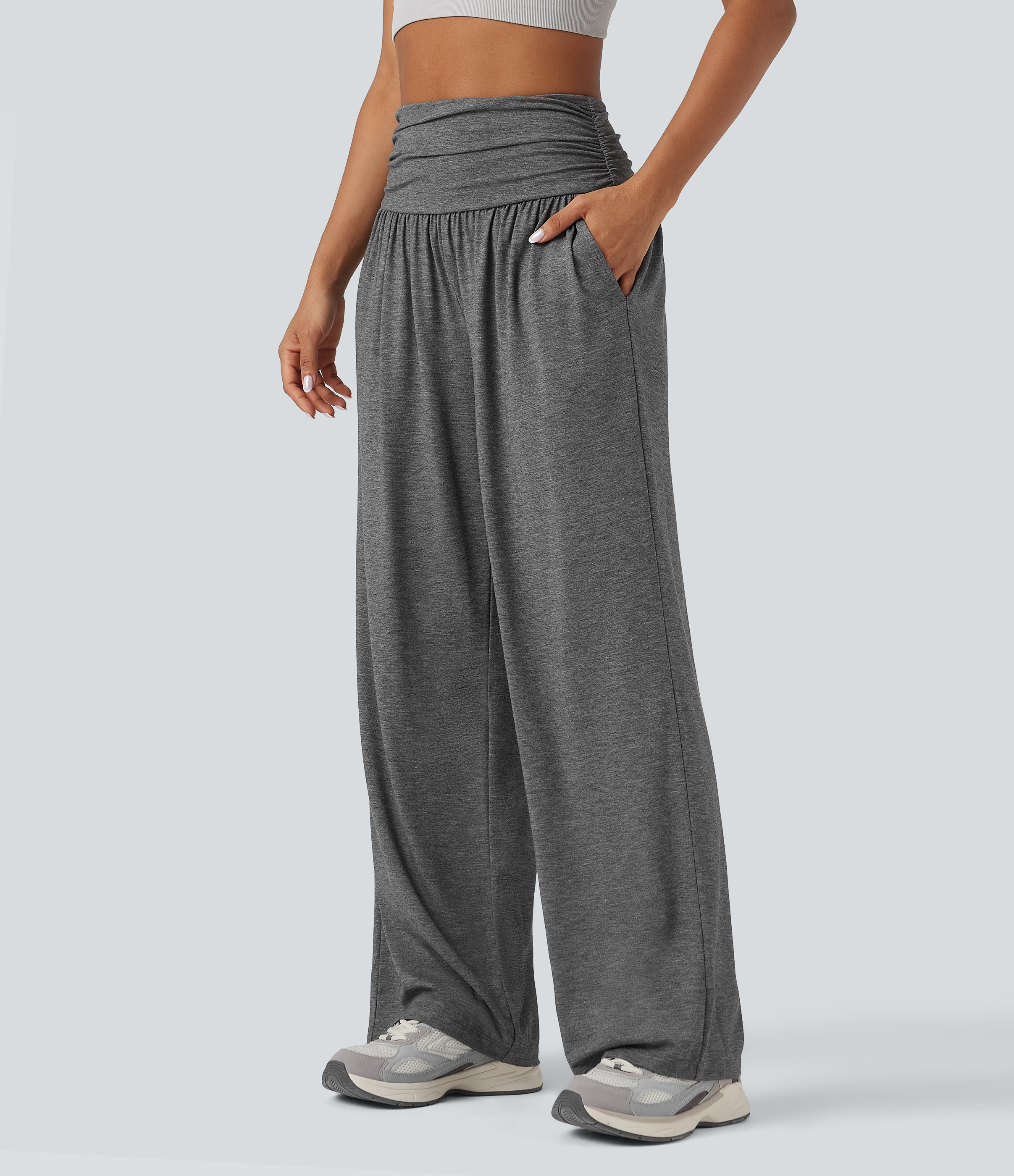 Pantalon de yoga large froncé chiné taille haute avec poches