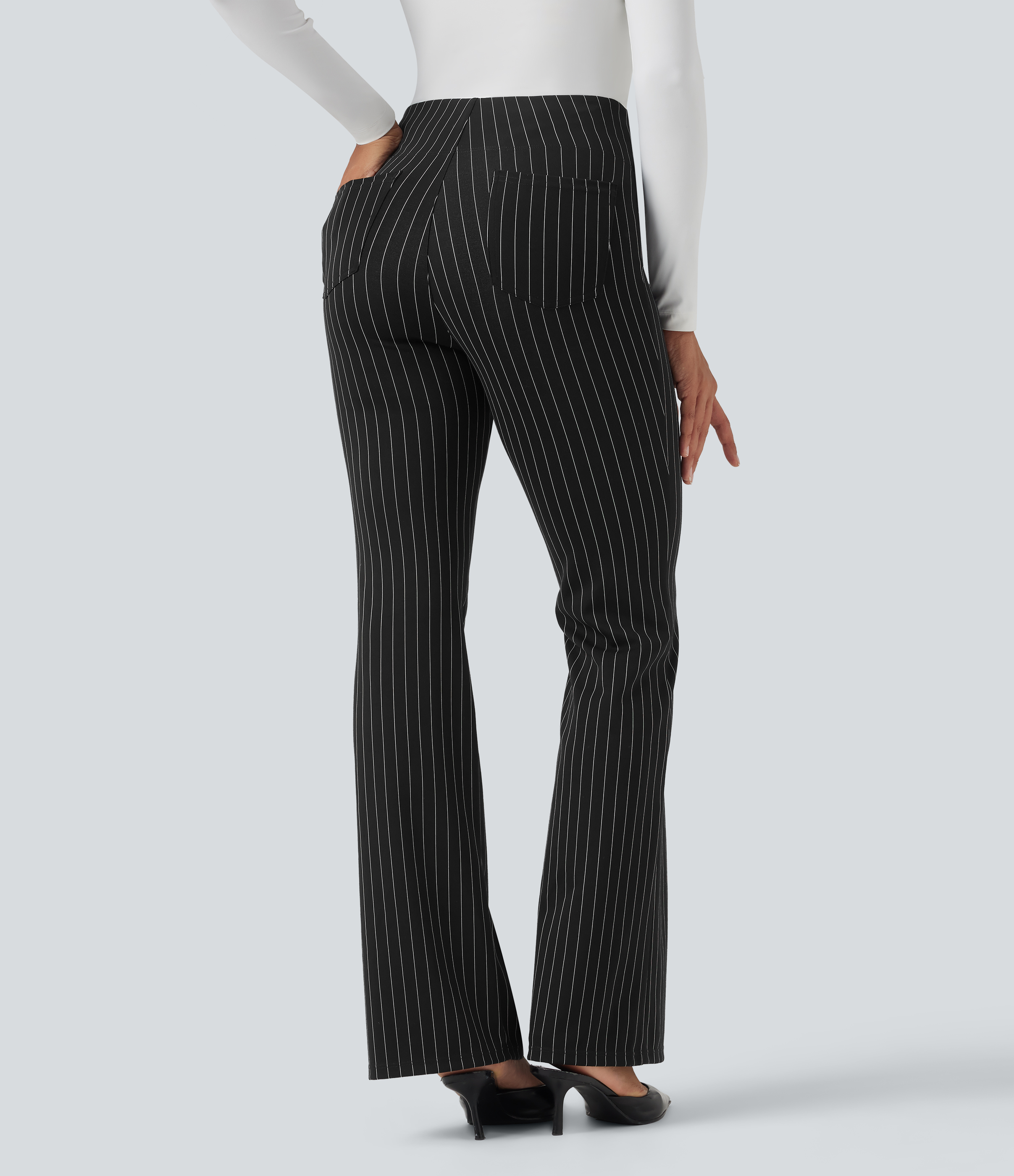 Black White Pinstripe Halara Flex™ High Waisted Striped Work Flared Trousers with Pockets / 2