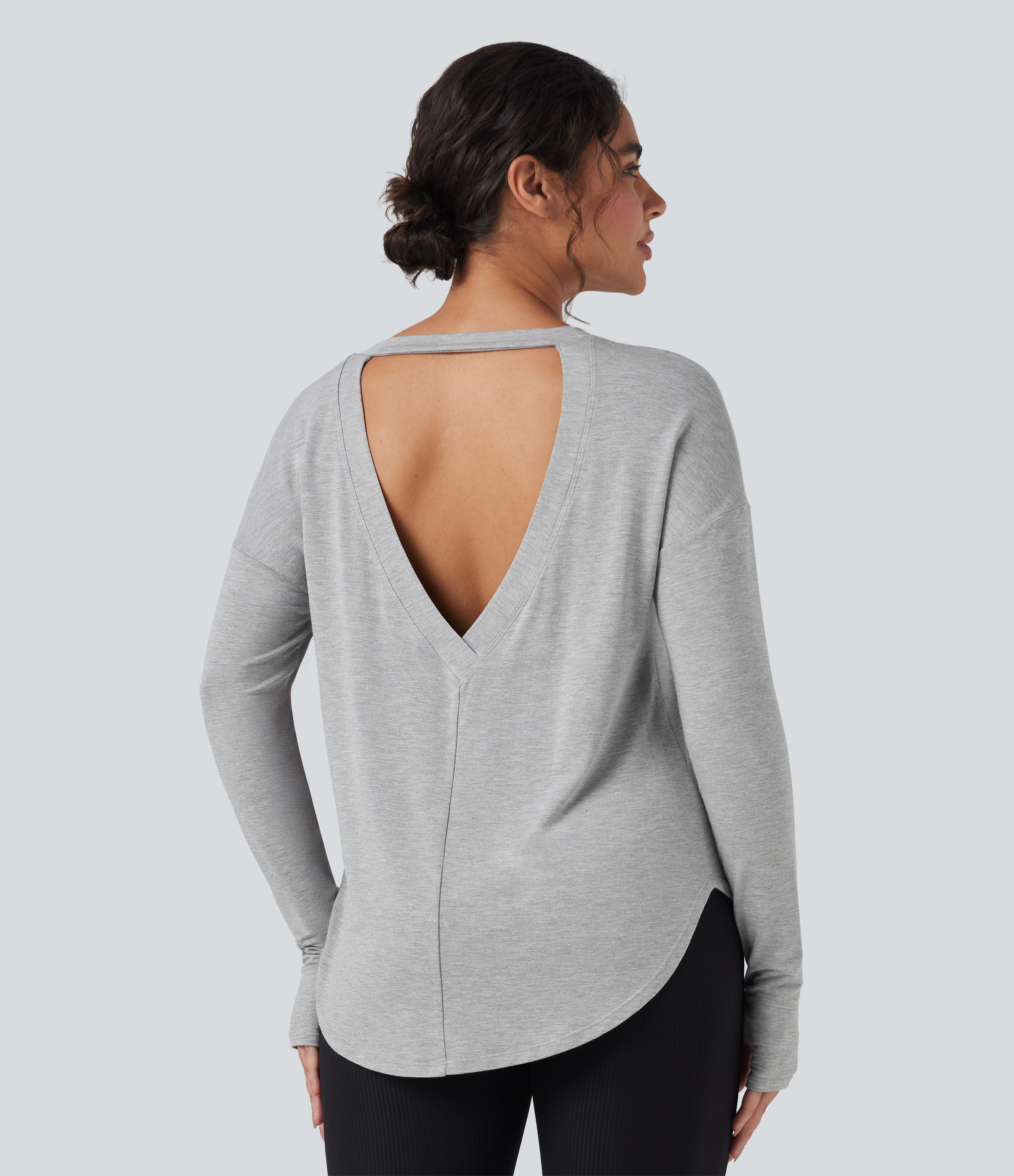 Cut-out Back Long Sleeve Thumb Holes Curved Hem Relaxed Casual Sweatshirt