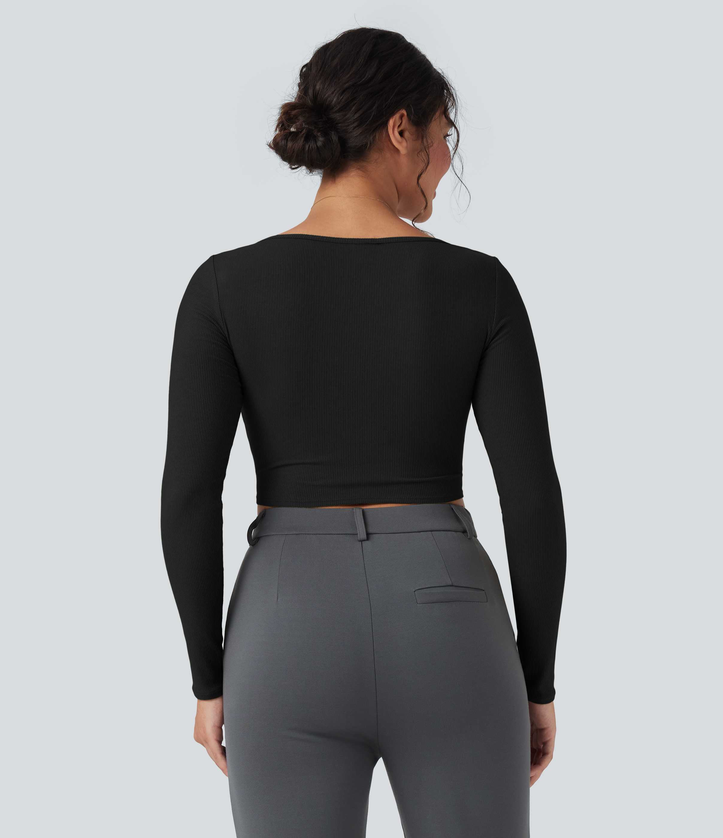 Negro Camiseta de oficina de punto acanalado con cuello cuadrado de manga larga y dobladillo curvo / 2