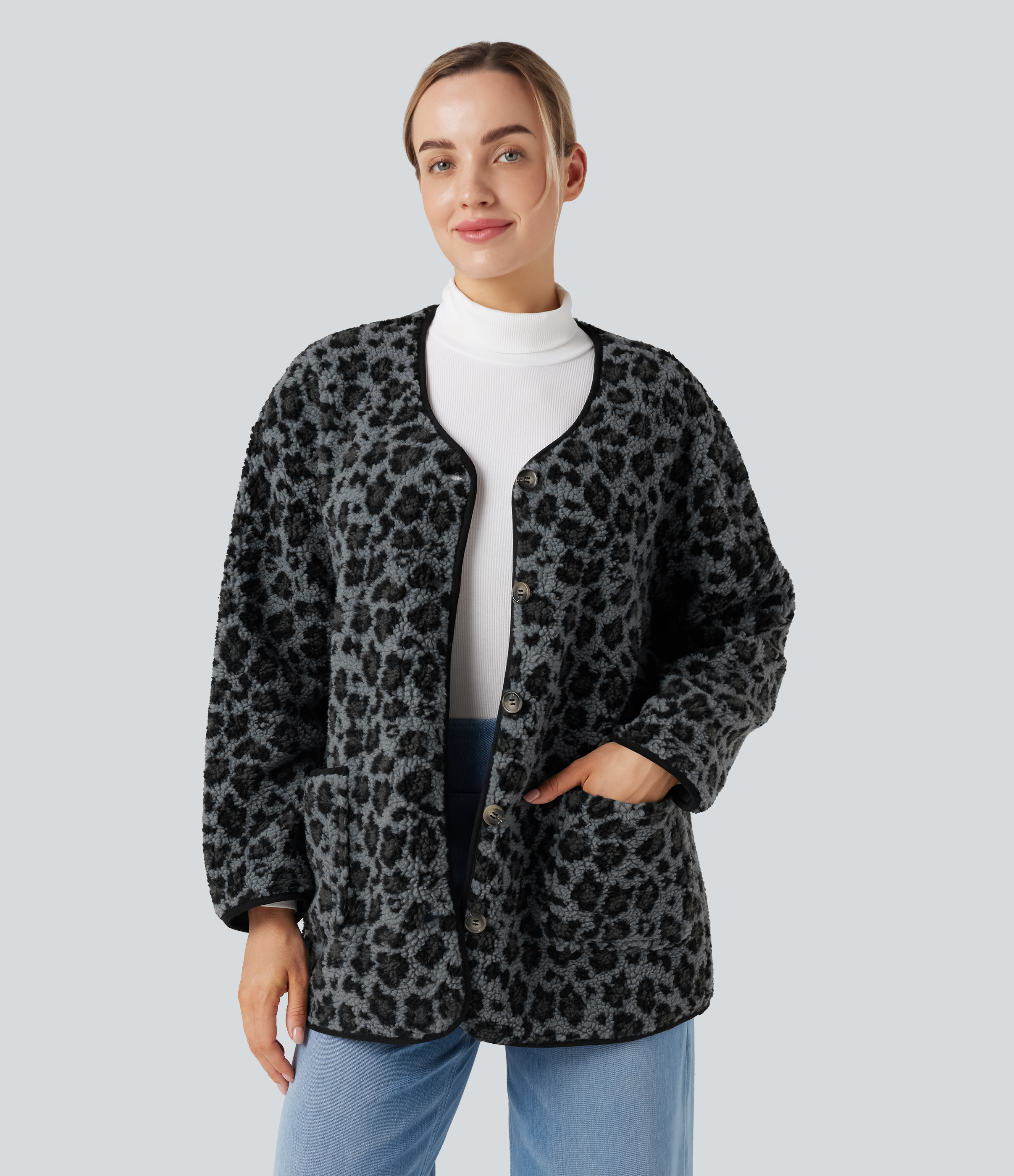 Veste décontractée en sherpa imprimé léopard avec poches