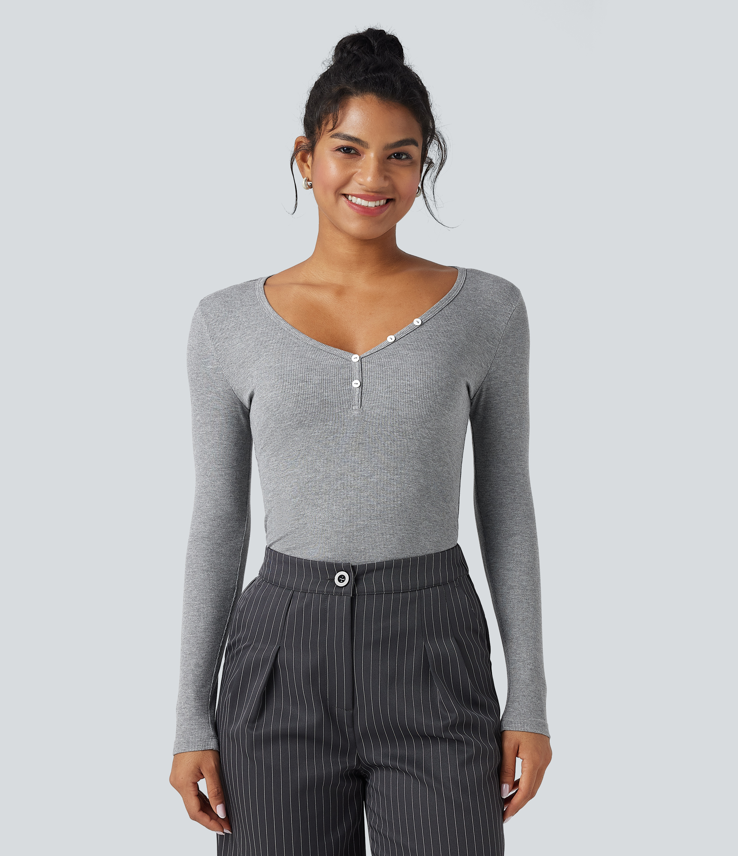 Ribbed Knit V-neck Long Sleeve Work T-Shirt