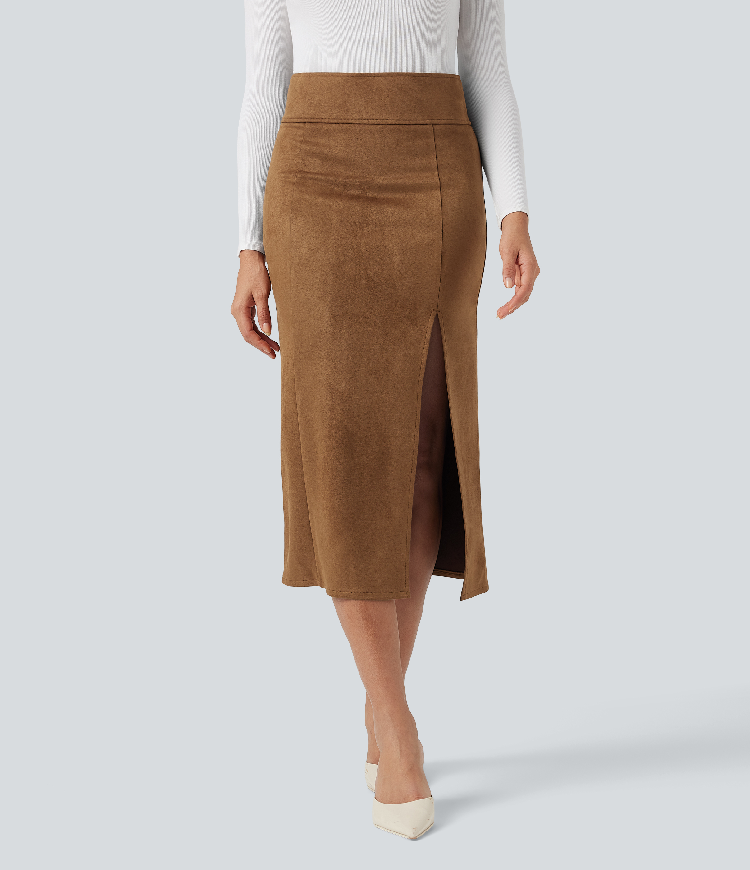 High Waisted Bodycon Suede Midi Casual Skirt