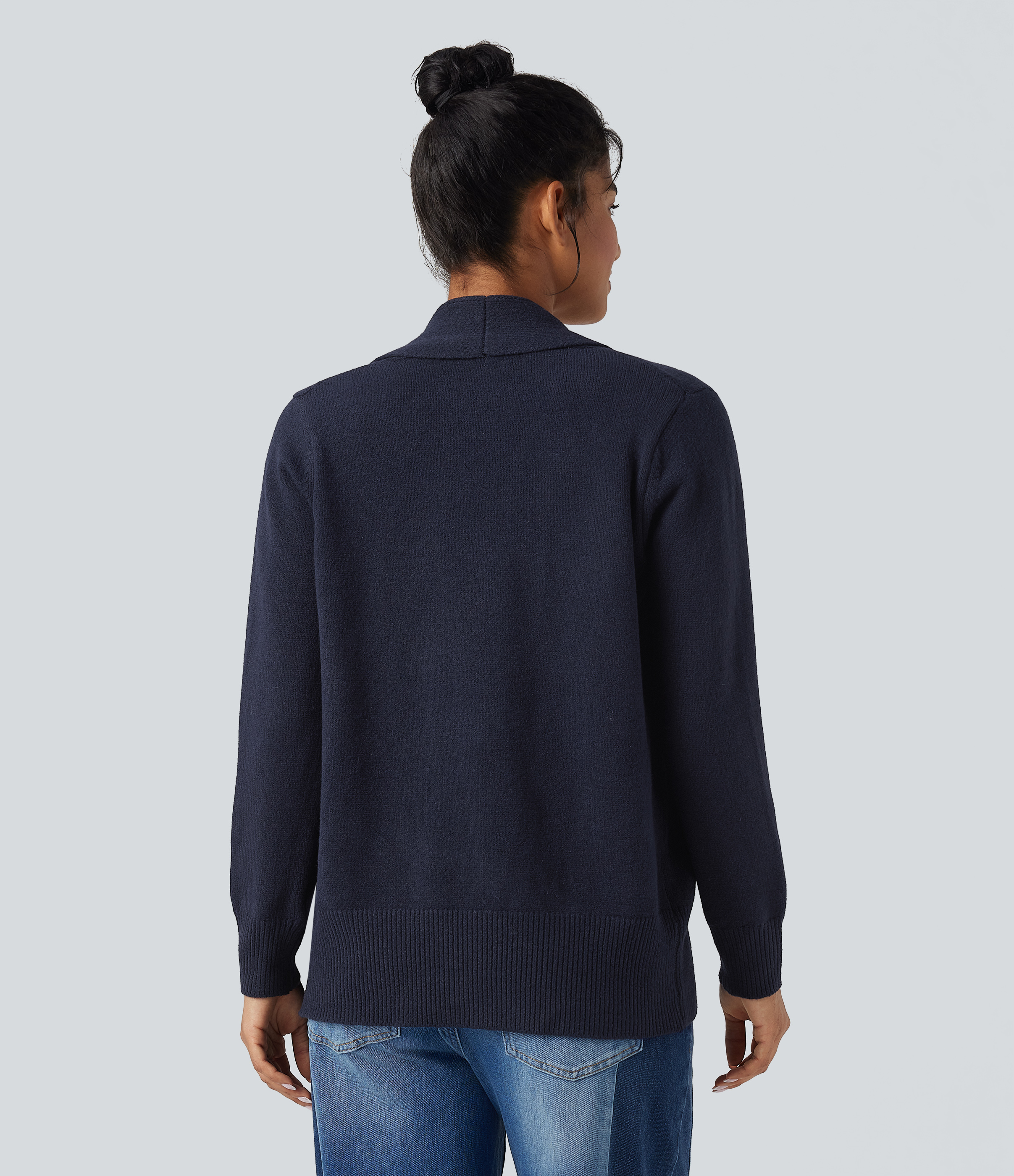 Navy Lapel Long Sleeve Casual Cardigan with Pockets / 2