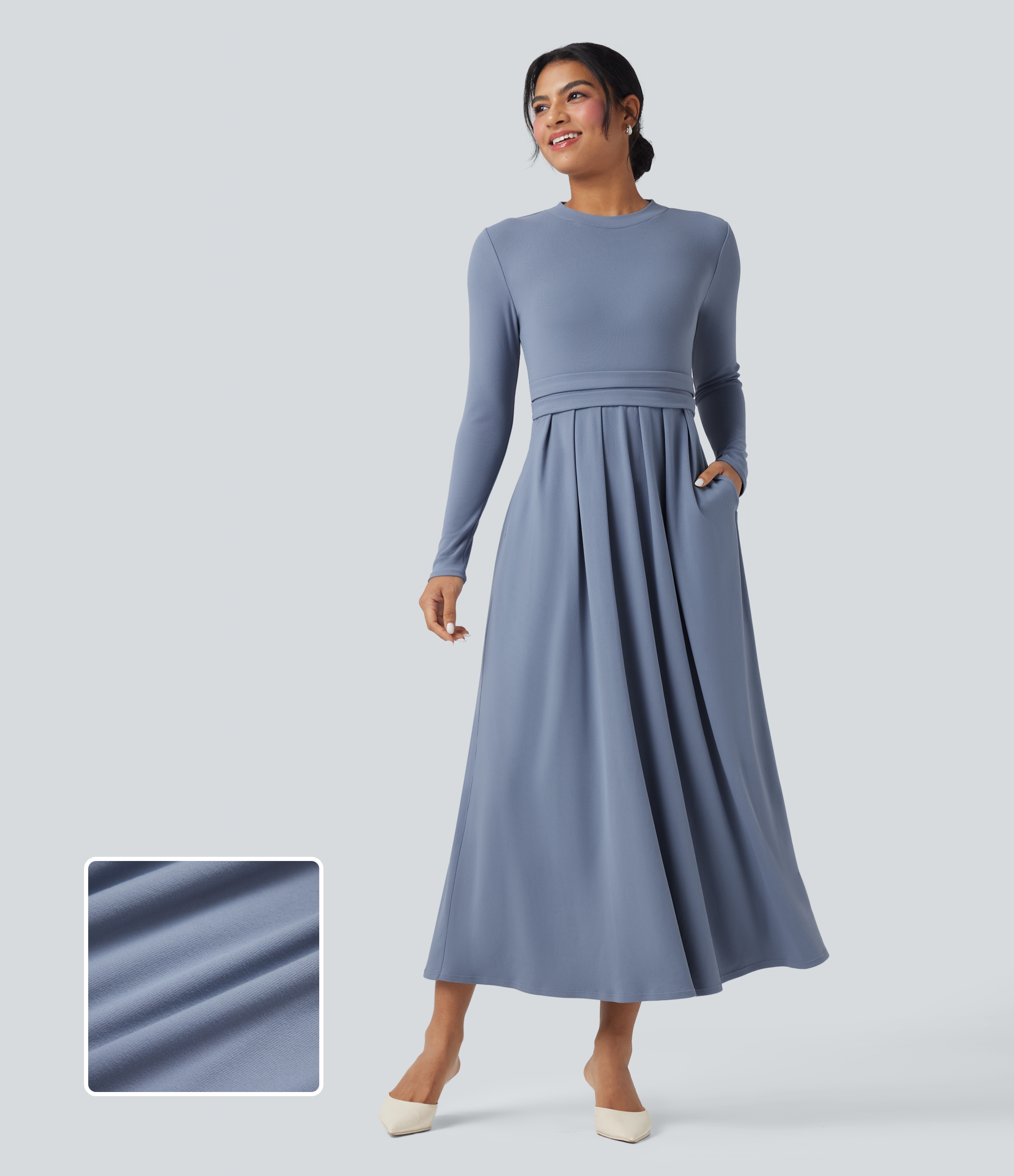 Lässiges Maxikleid in A-Linie mit Stehkragen und langen Ärmeln