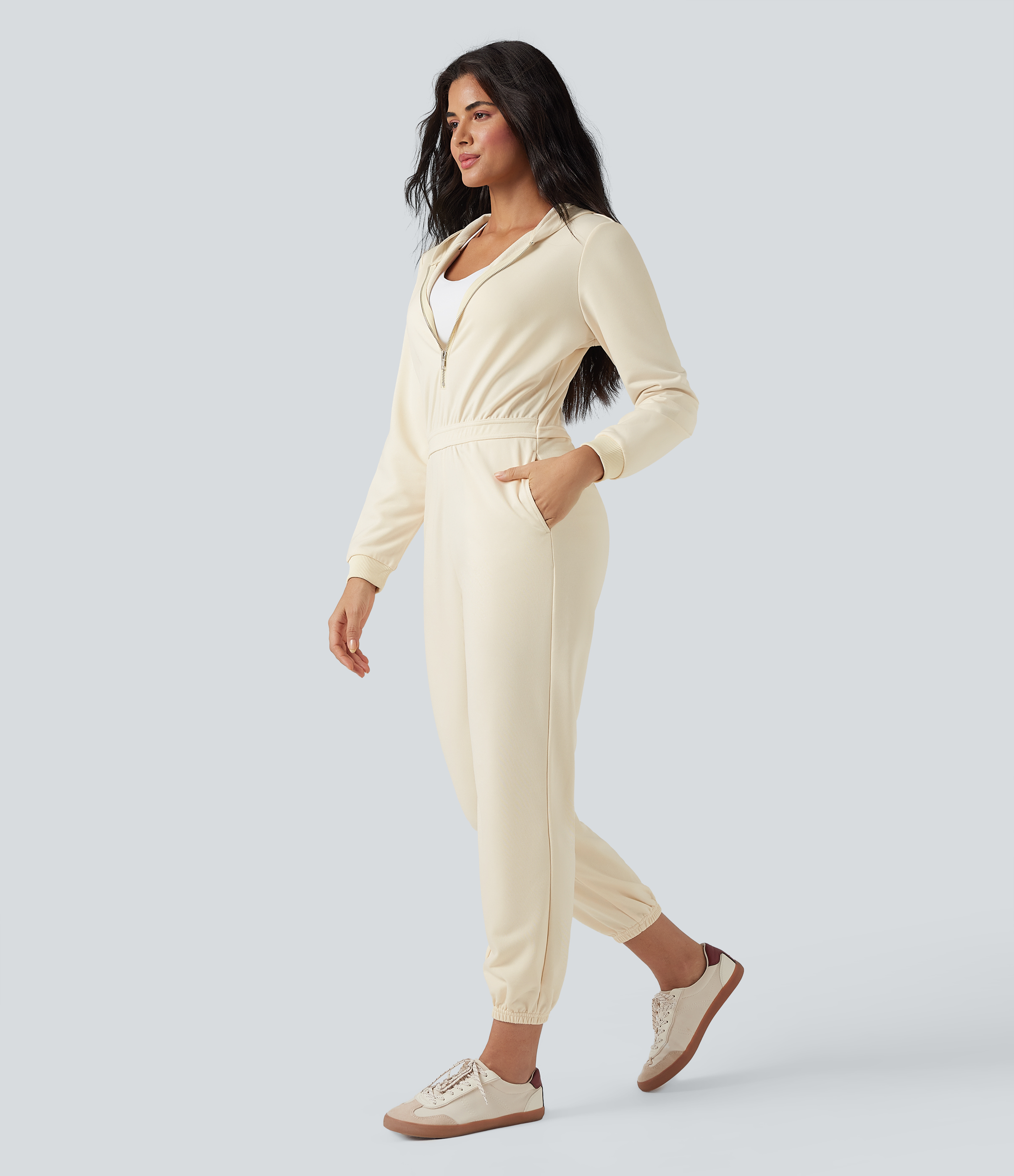 Antique White Hooded Long Sleeve Casual Jogger Jumpsuit with Pockets-Easy Peezy Edition / 2