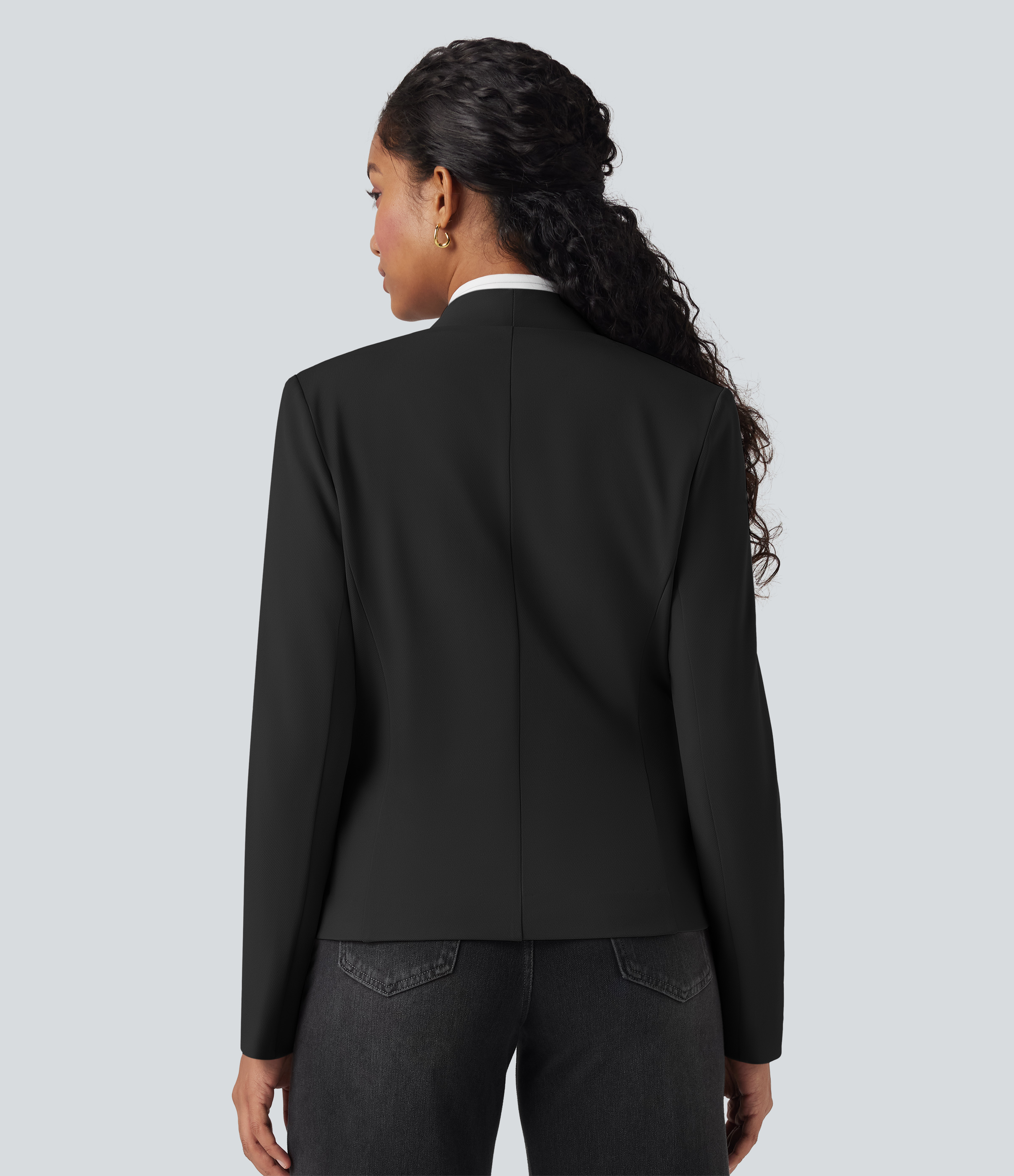 Noir Blazer tailleur ajusté en sergé manches longues avec poches / 2