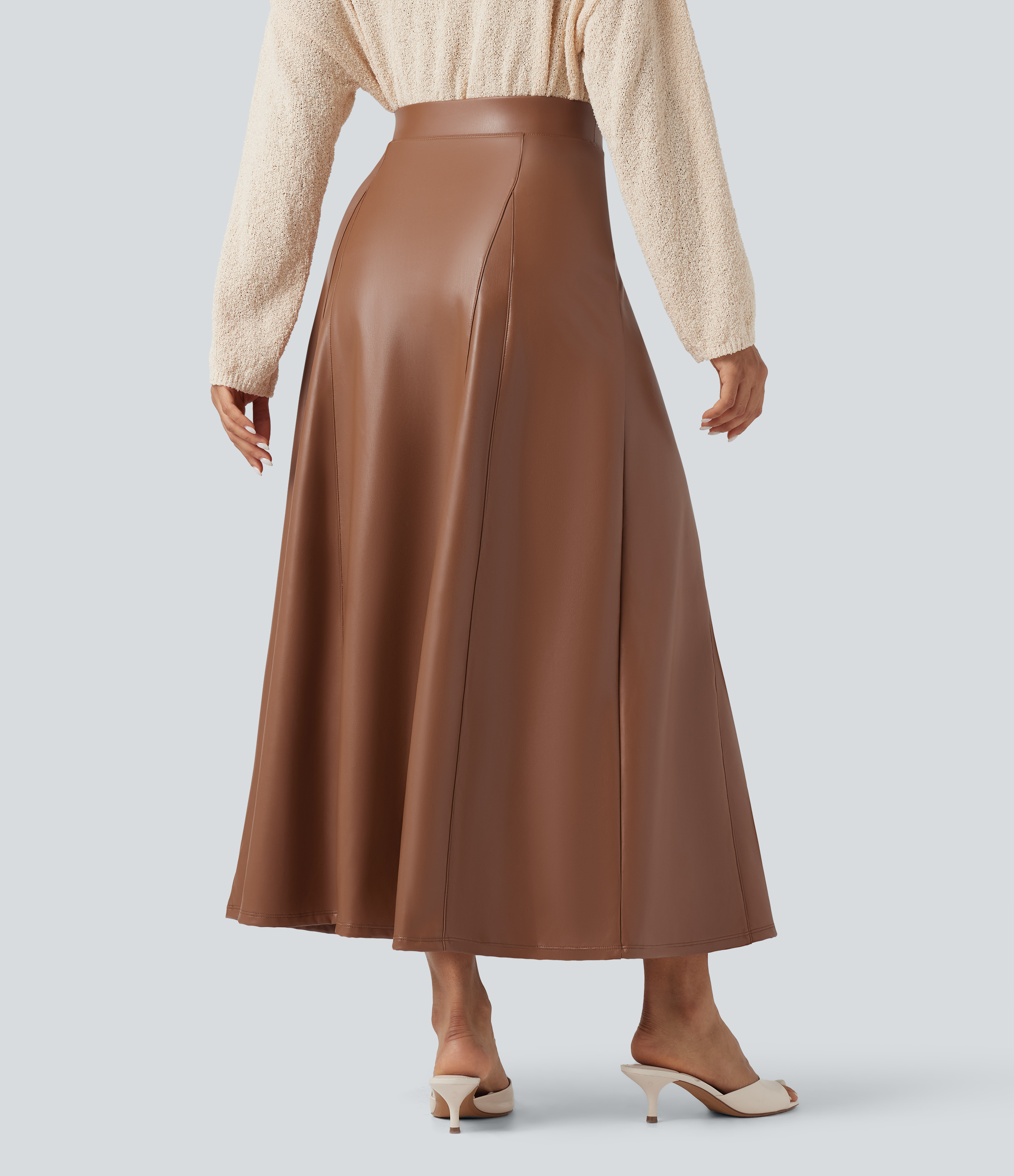 Rustic Brown Falda maxi casual de cuero PU y polar con tiro alto  / 2