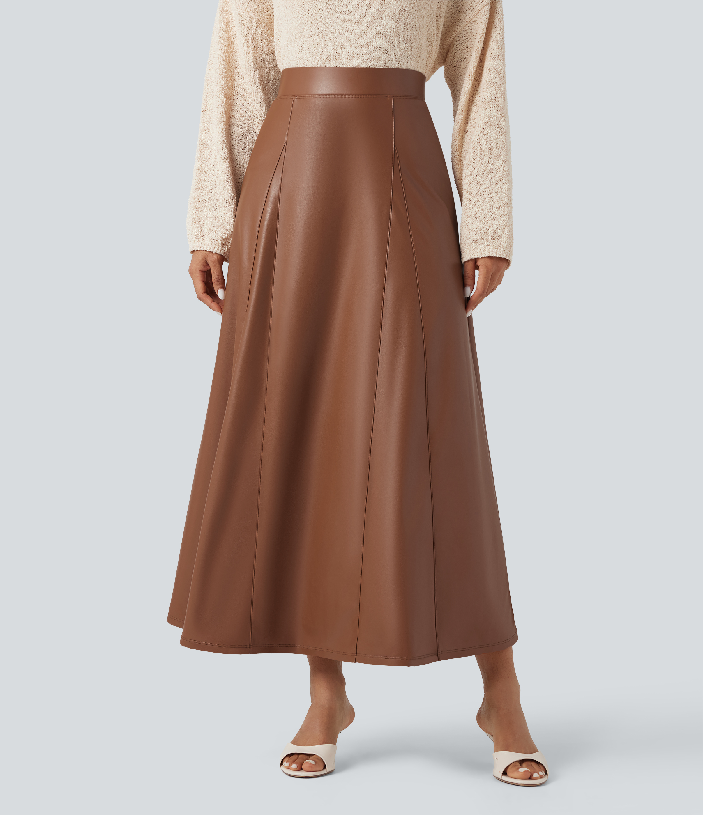 High Waisted Maxi Fleece Casual PU Leather Skirt