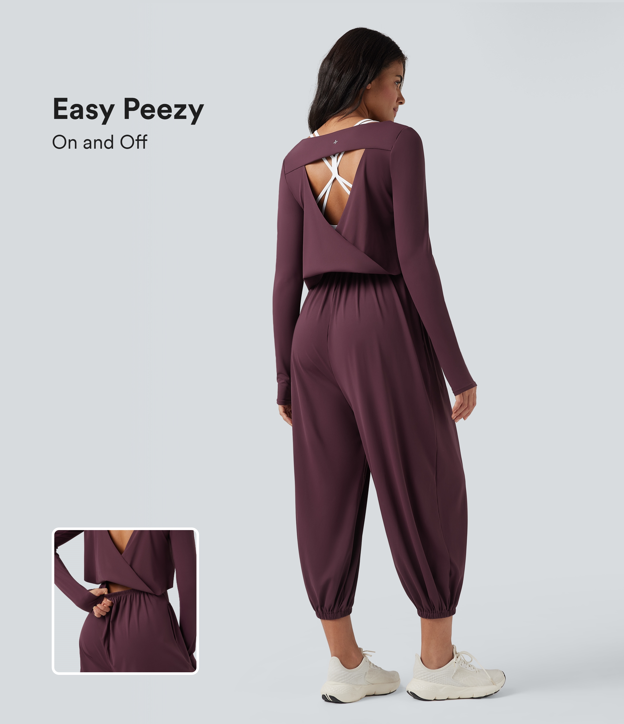 SoftlyZero™ Airy Cut-out Back Long Sleeve Thumb Holes Yoga Jumpsuit with Pockets-Easy Peezy