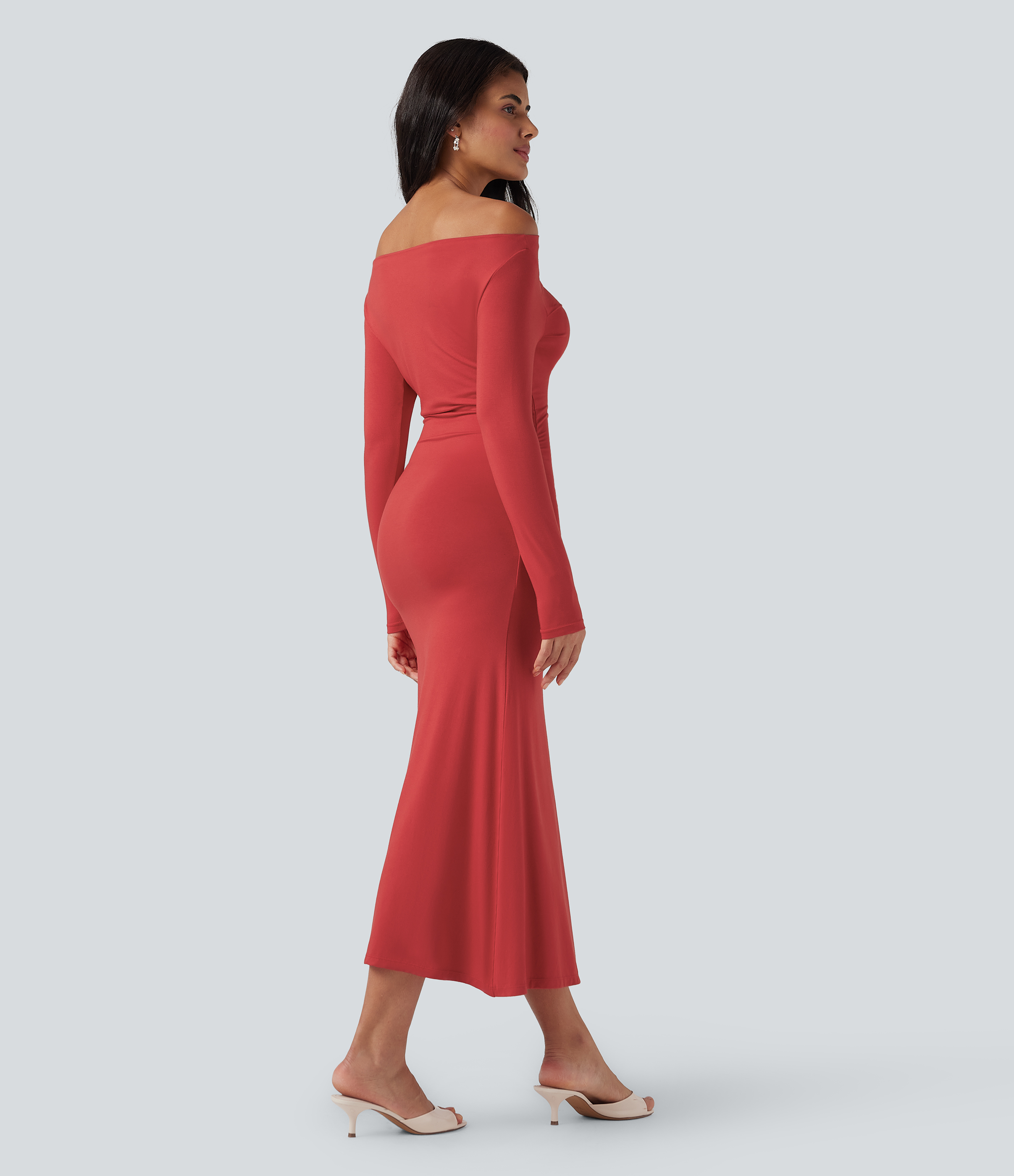 Pompeian Red Off Shoulder Long Sleeve Maxi Dress / 2