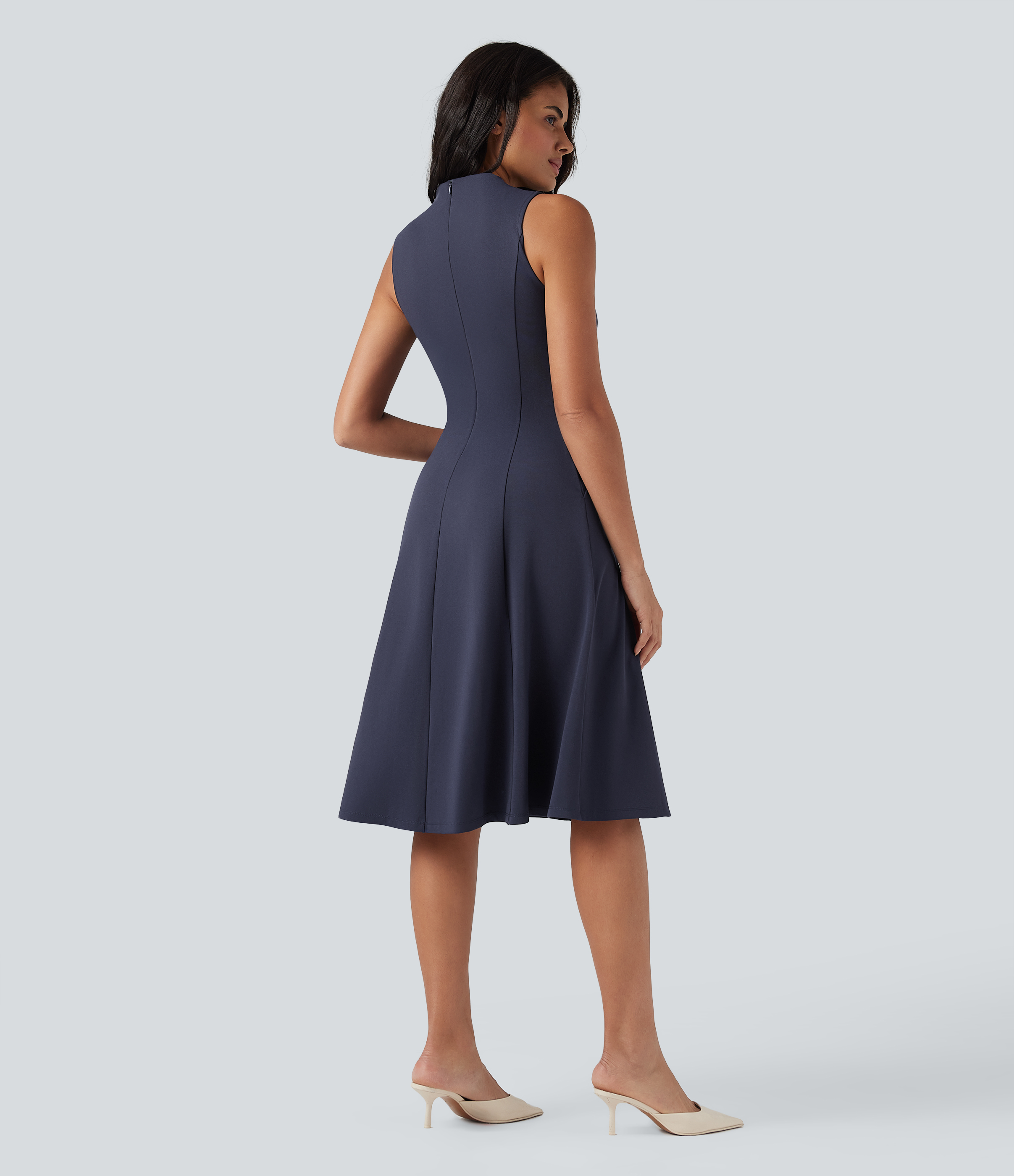 Mountain Blue Mock Neck Sleeveless Midi Work Dress with Pockets / 2