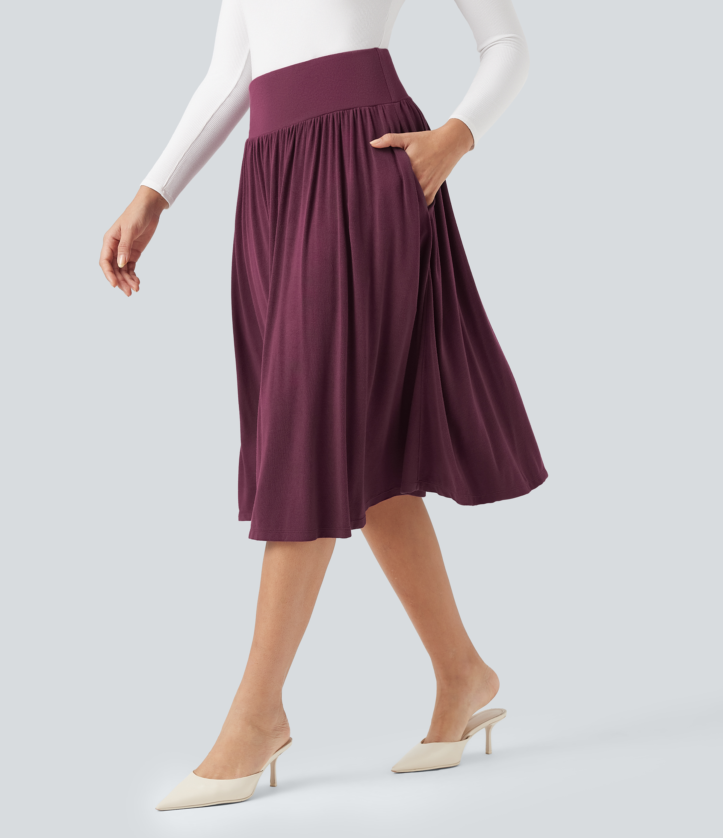 High Waisted Tummy Control Flowy Midi Casual Skirt with Pockets