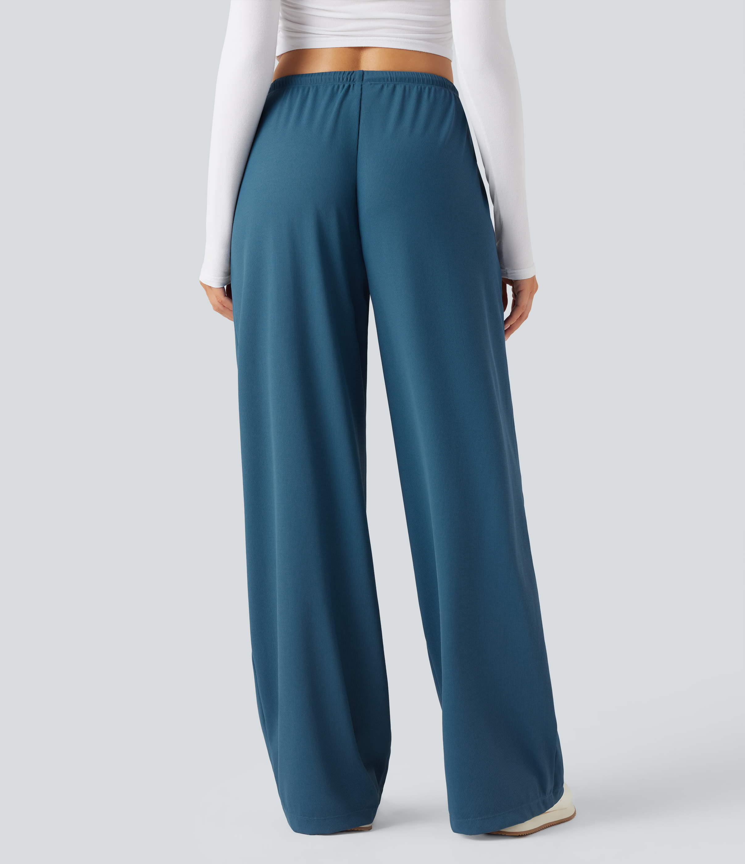 Deep Abyss Blue Mid Rise Drawstring Straight Leg Waffle Knit Yoga Pants with Pockets / 2