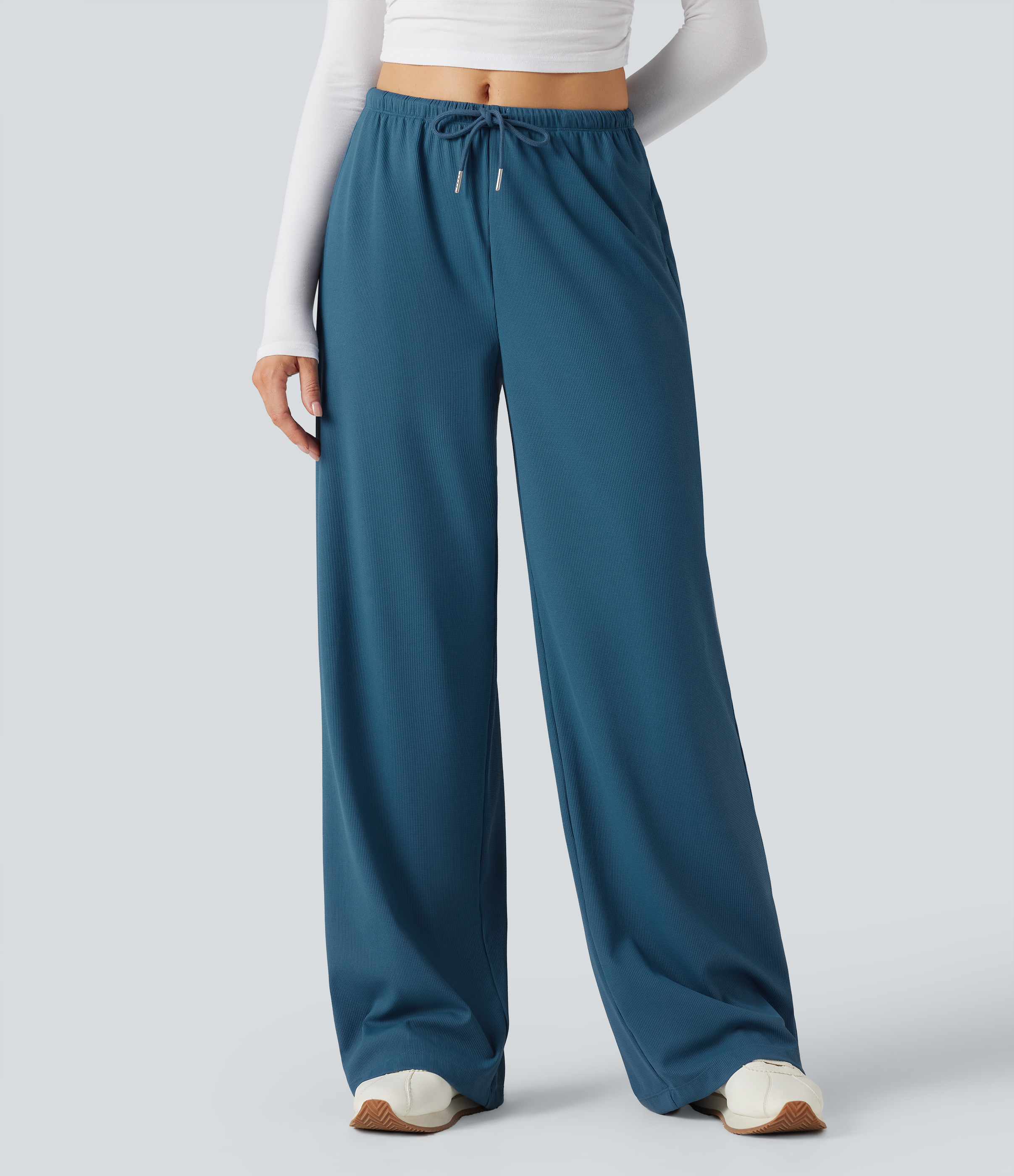 Deep Abyss Blue Mid Rise Drawstring Straight Leg Waffle Knit Yoga Pants with Pockets / 1