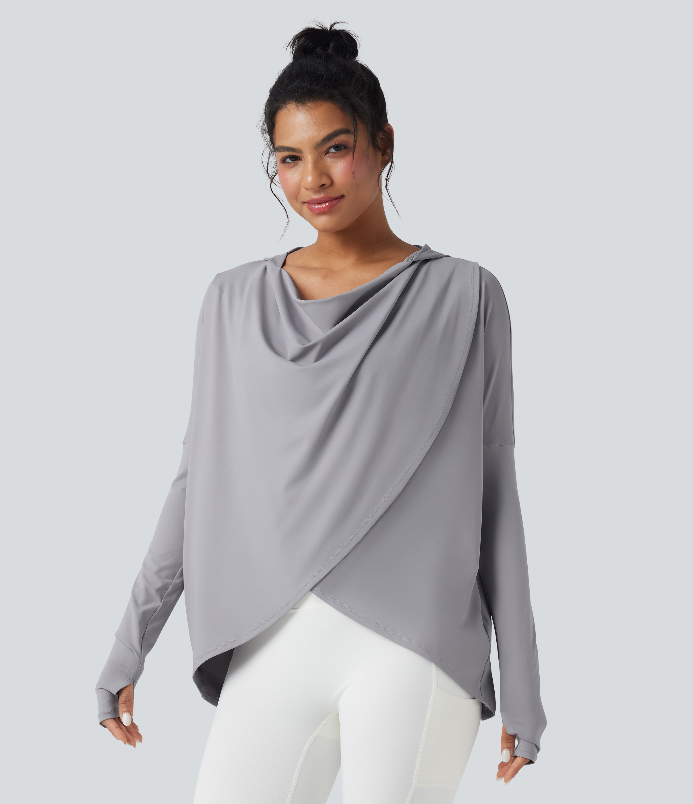 Hooded Cowl Neck Long Sleeve Thumb Hole Women Yoga Sports Top with Pockets