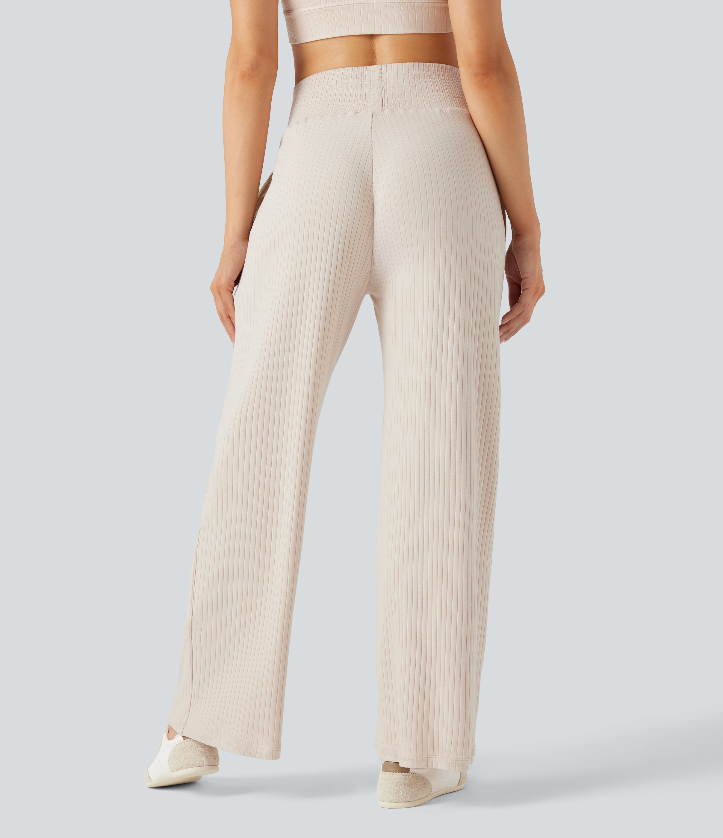 Turtledove Ribbed Knit High Waisted Casual Pants with Pockets / 2