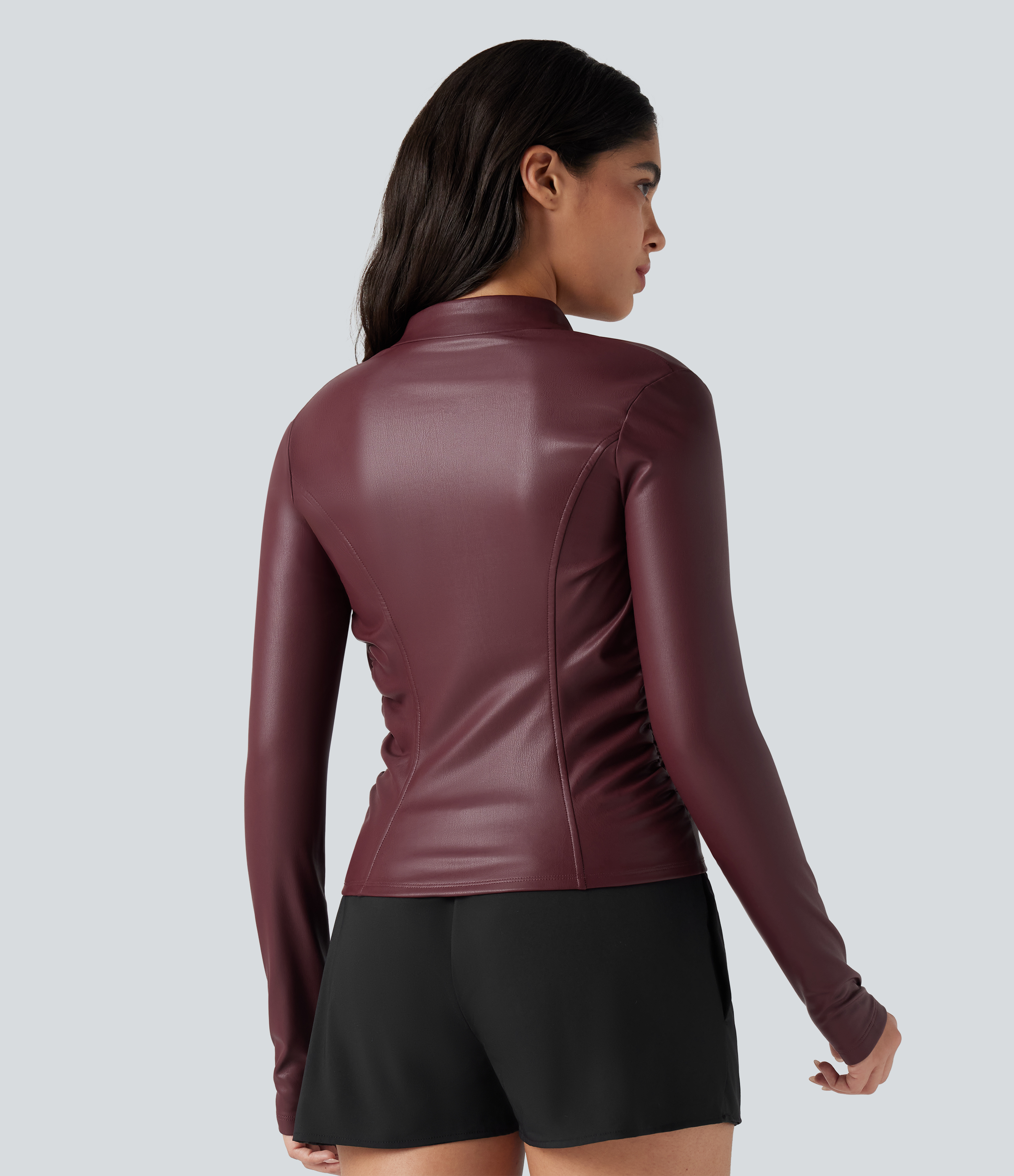 Red Mahogany Stand Collar Long Sleeve Thumb Hole Fleece Casual PU Faux Leather Jacket / 2