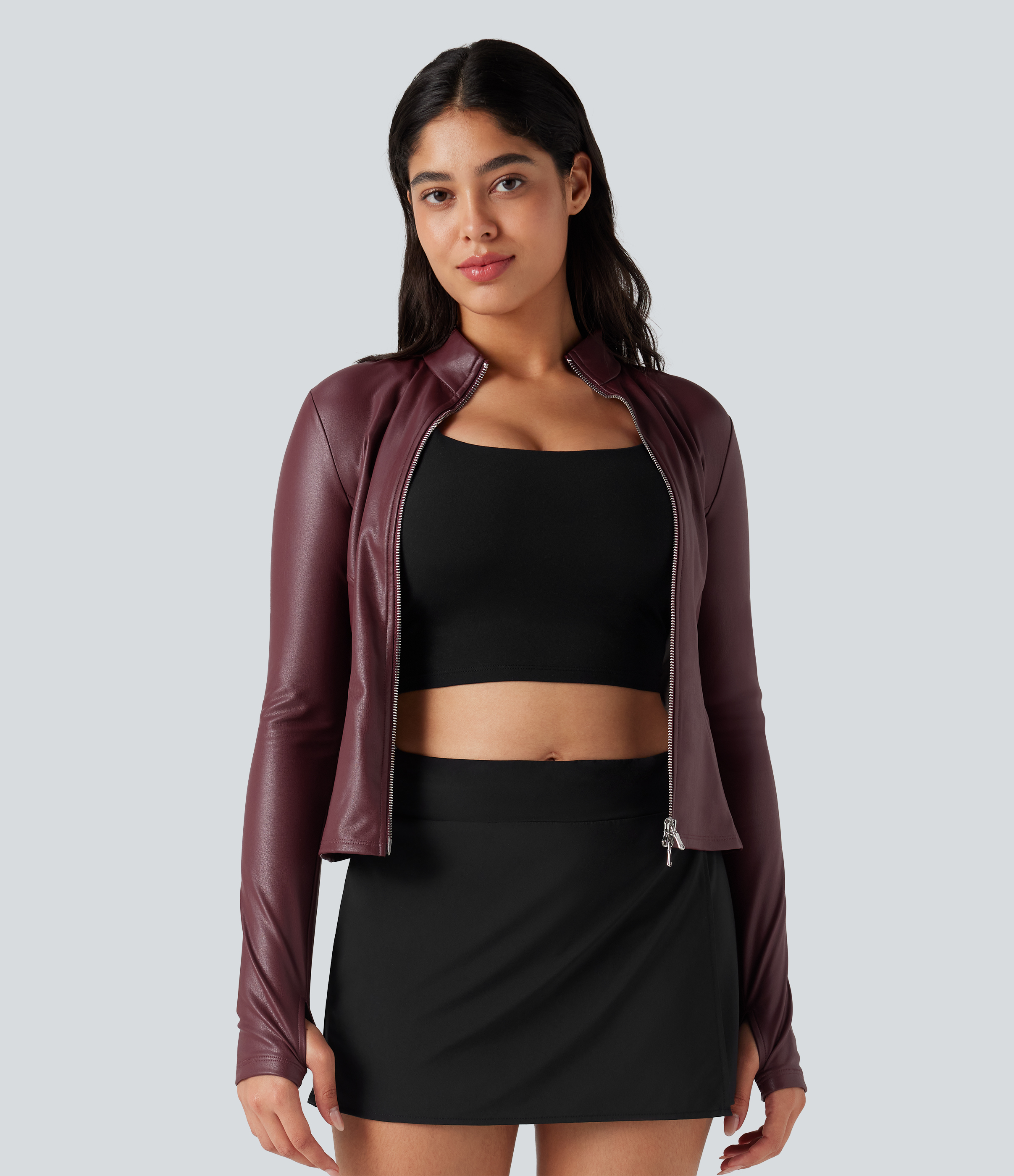 Lässige Fleecejacke aus Kunstleder mit Stehkragen, langen Ärmeln und Daumenlöchern