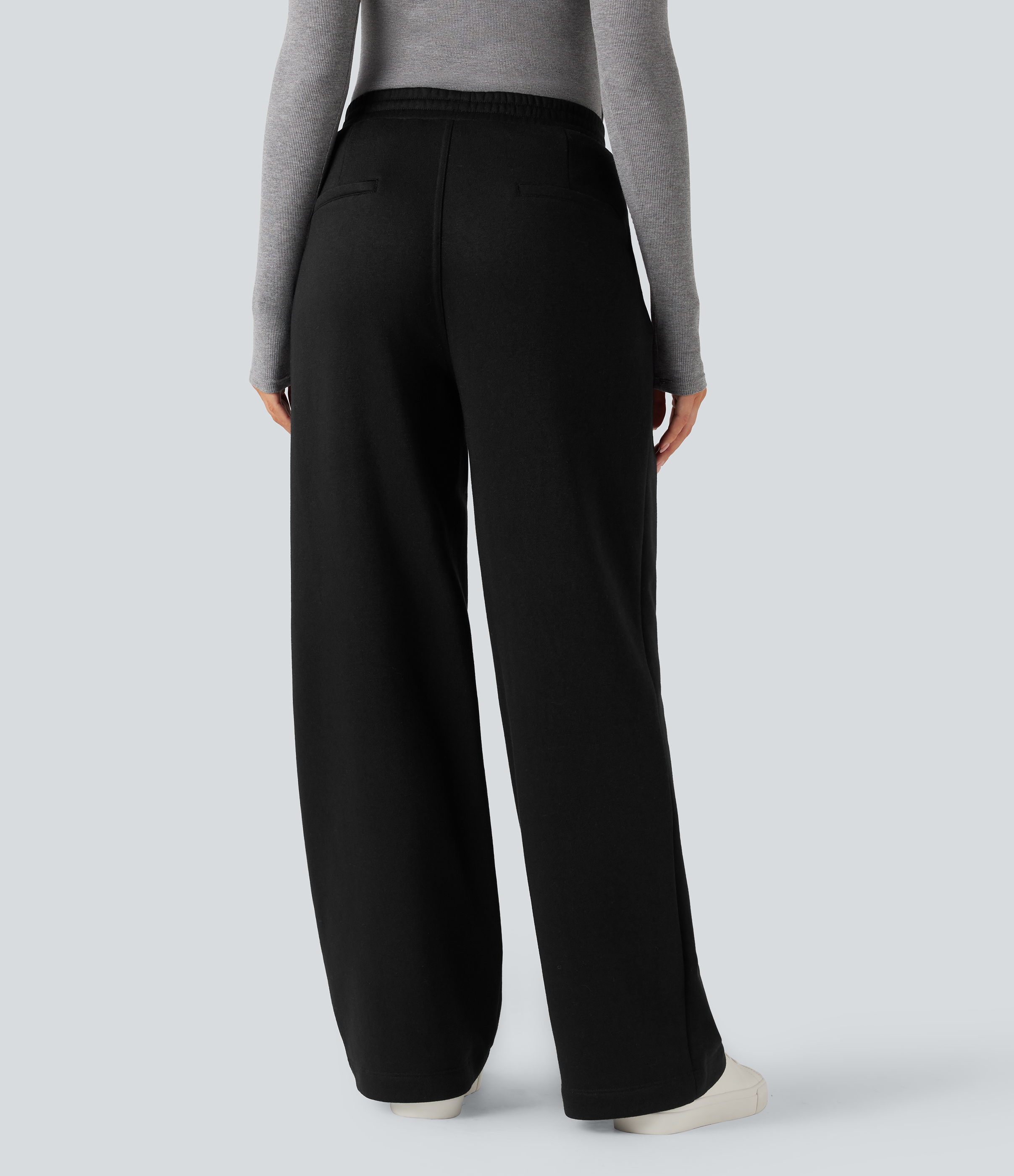 Black High Waisted Straight Leg Fleece Work Pants with Pockets / 2
