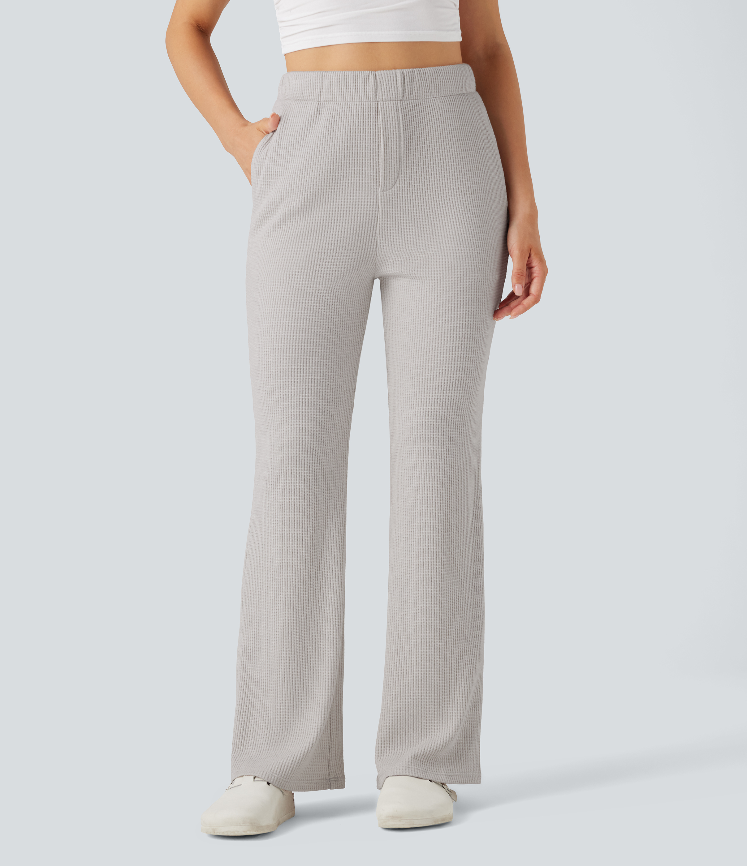 High Waisted Flare Waffle Casual Pants with Pockets
