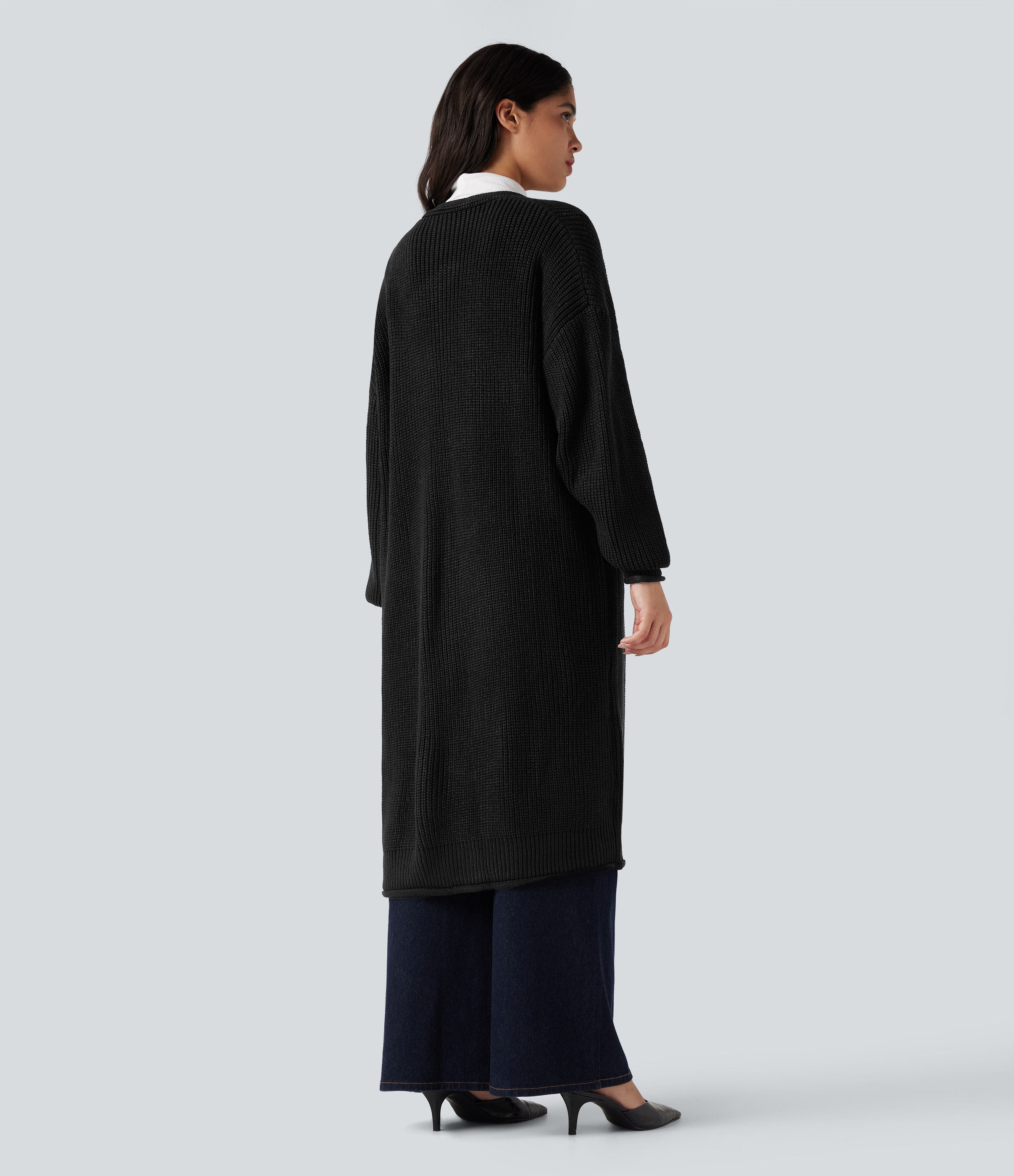Noir Cardigan de travail tricot ouvert manches longues coupe longue / 2