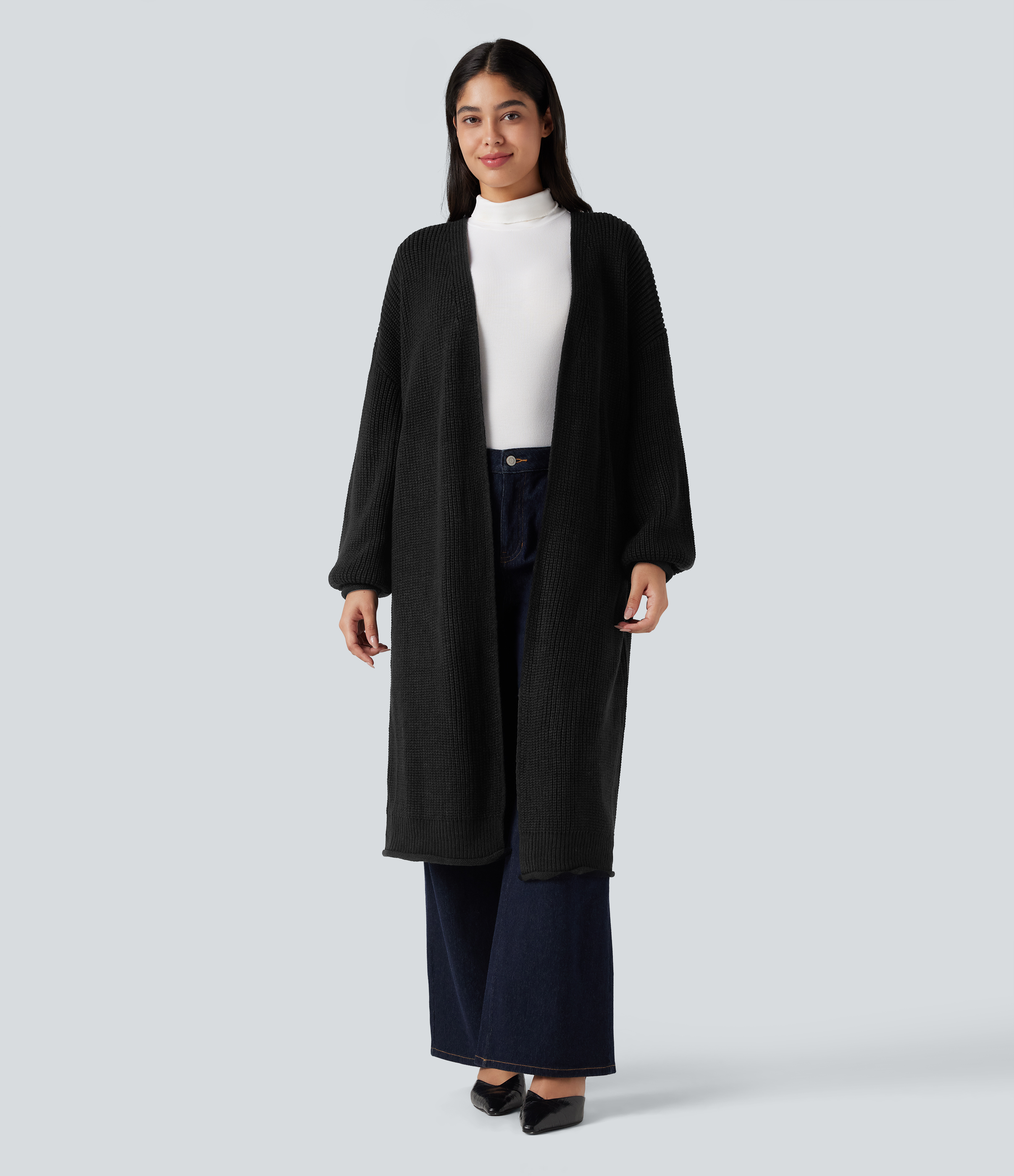 Cardigan de travail tricot ouvert manches longues coupe longue